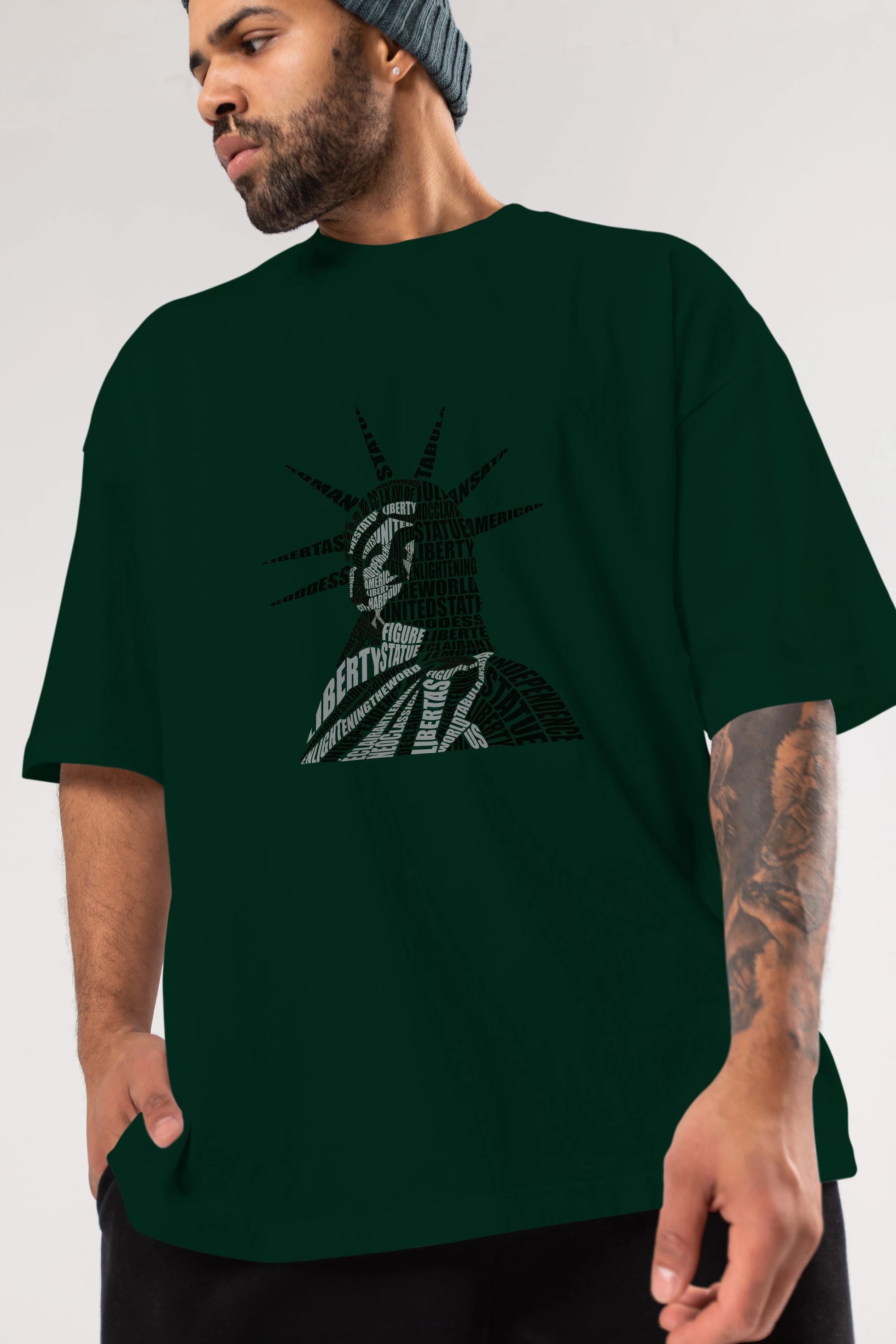 Liberty Statue Calligram Ön Baskılı Oversize t-shirt %100 pamuk Erkek Kadın Unisex