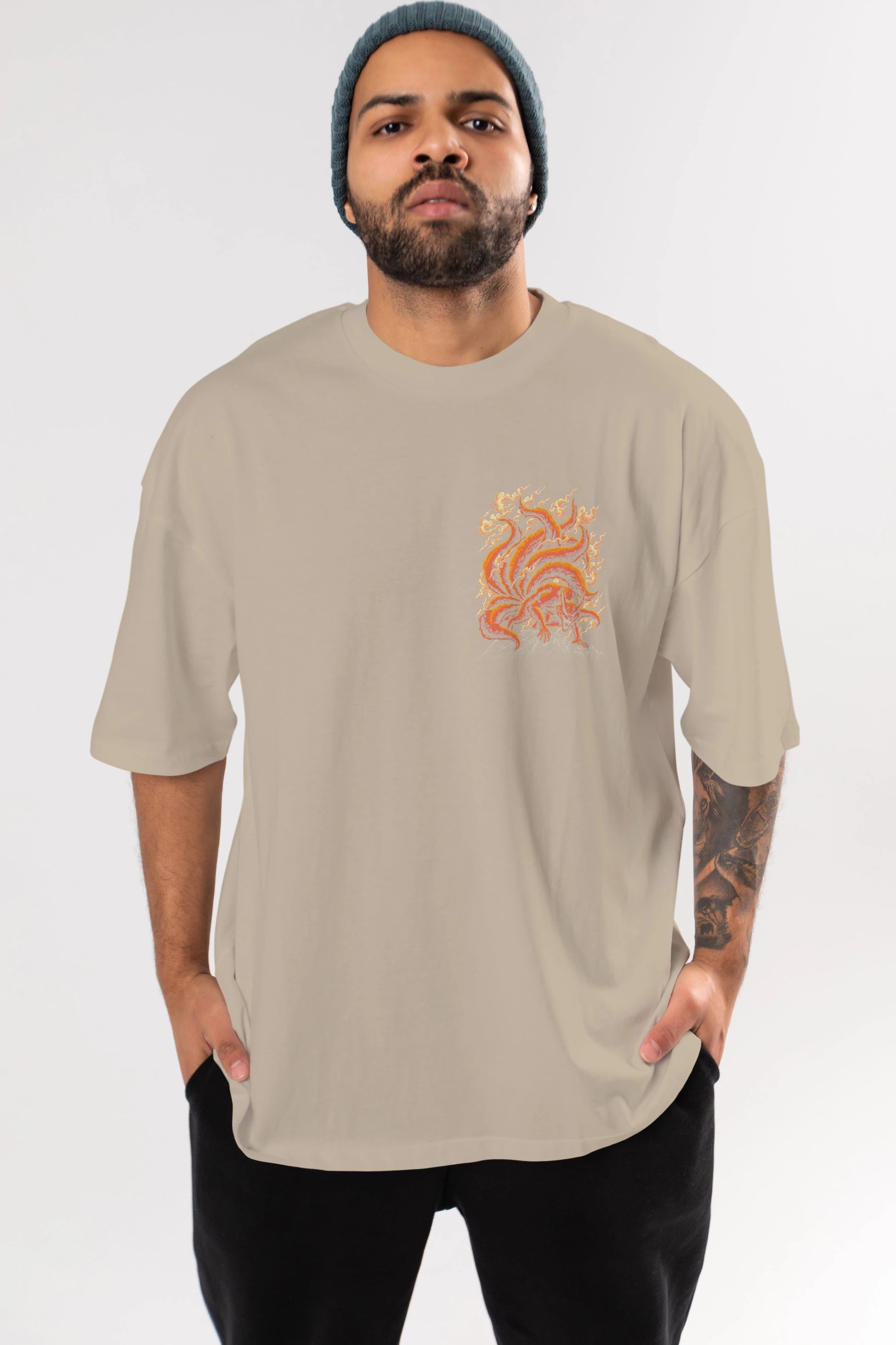 NARUTO KYUUBI Ön Sol Baskılı Oversize t-shirt Erkek Kadın Unisex %100 Pamuk Bisiklet Yaka tişort