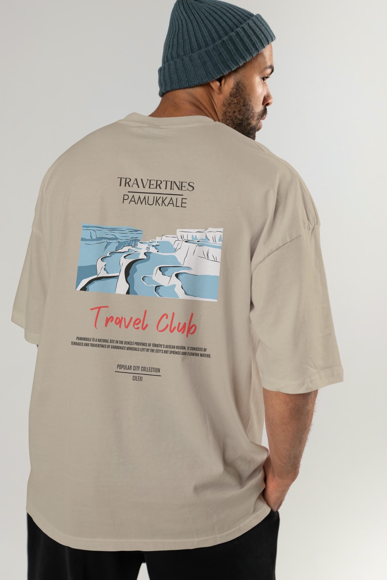 Travertines Pamukkale Arka Baskılı Oversize t-shirt Erkek Kadın Pamuk Bisiklet Yaka tişort
