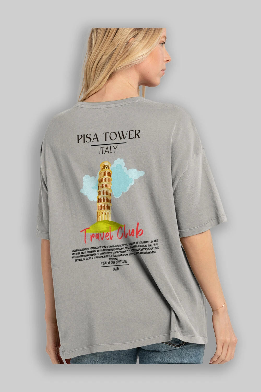 Pisa Tower İtaly Arka Baskılı Oversize t-shirt Erkek Kadın Pamuk Bisiklet Yaka tişort