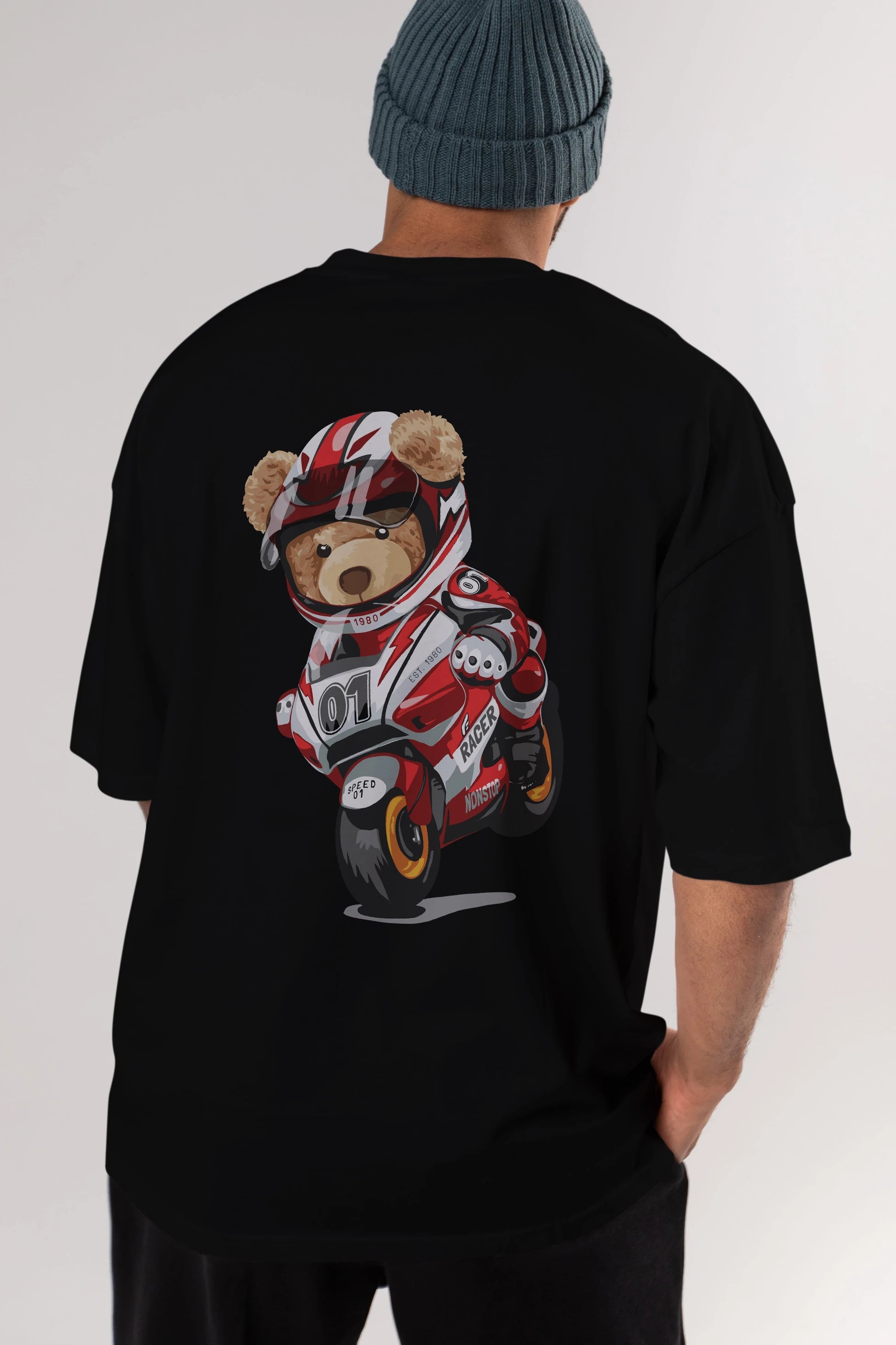 Teddy Bear Racer Arka Baskılı Oversize t-shirt Erkek Kadın Unisex %100 Pamuk