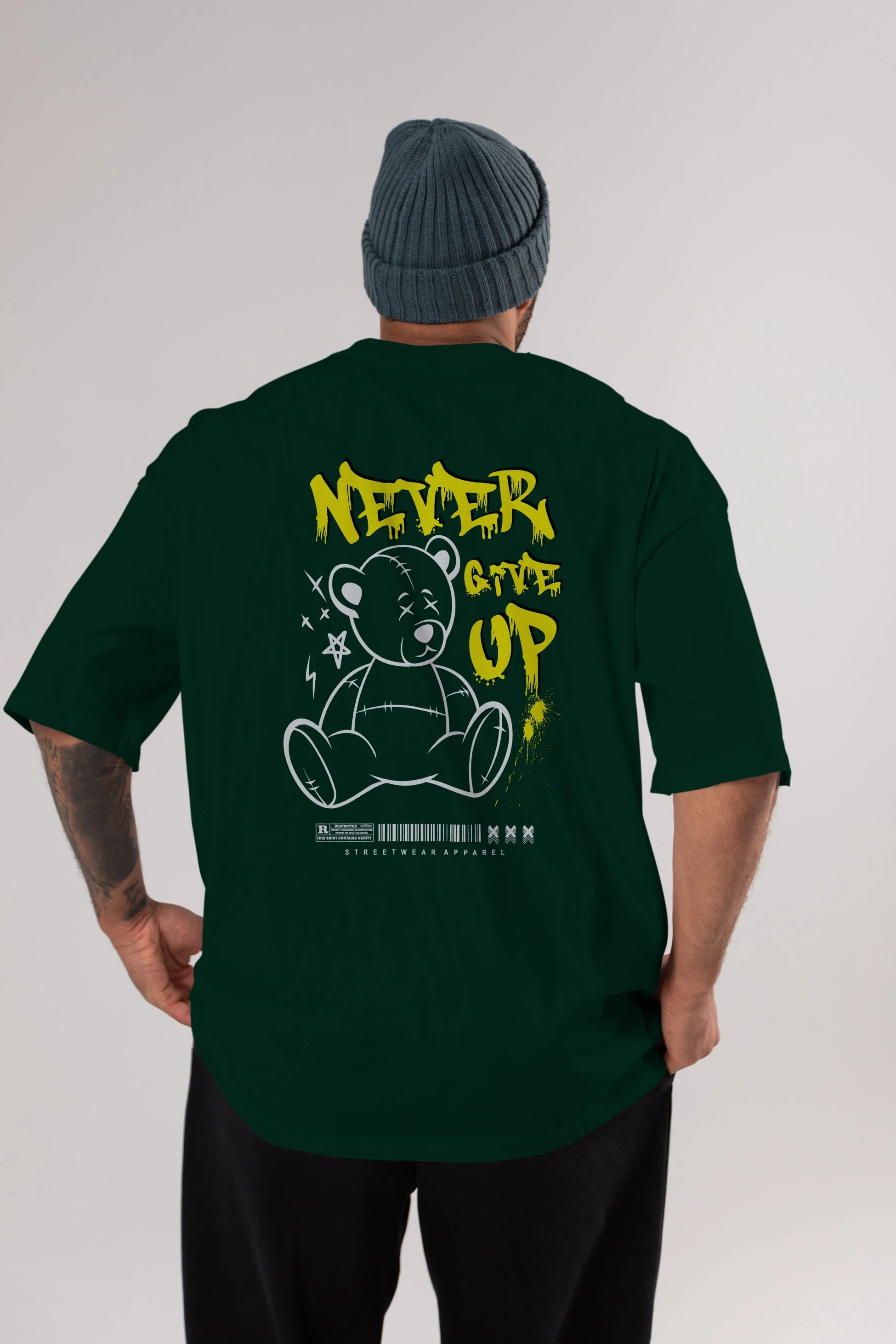 Teddy Bear Never Give Up Arka Baskılı Oversize t-shirt Erkek Kadın Unisex