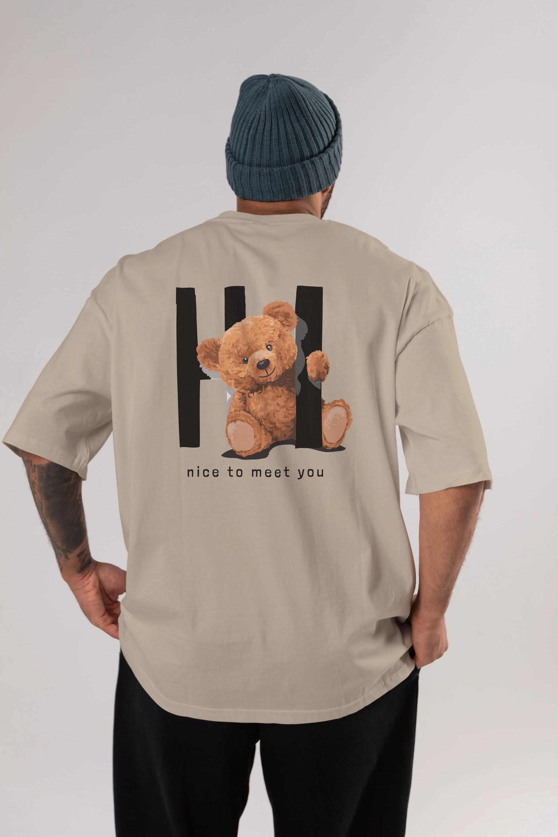 Teddy Bear Hi Nice To Meet You Arka Baskılı Oversize t-shirt Erkek Kadın Unisex %100 Pamuk