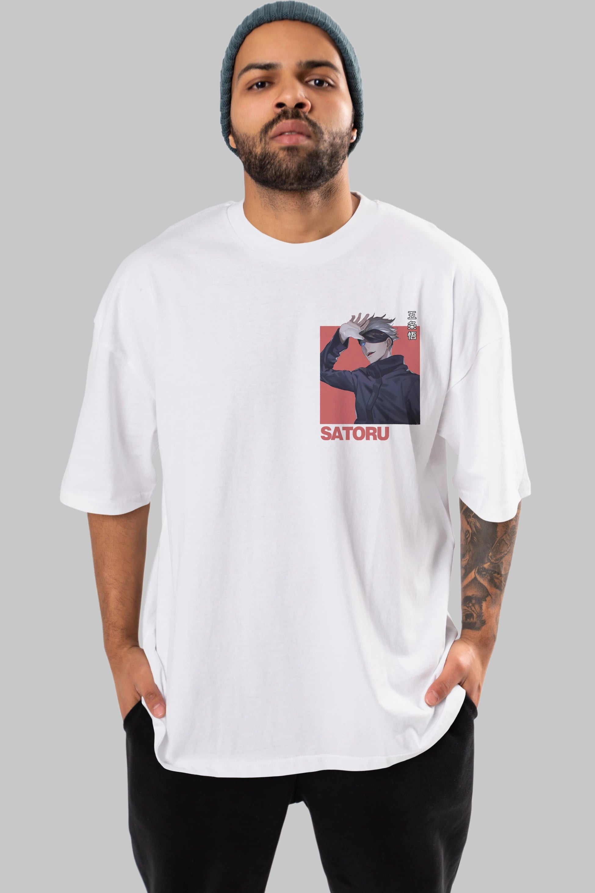 SATORU GOJO 2 Ön Sol Baskılı Oversize t-shirt Erkek Kadın Unisex %100 Pamuk Bisiklet Yaka tişort