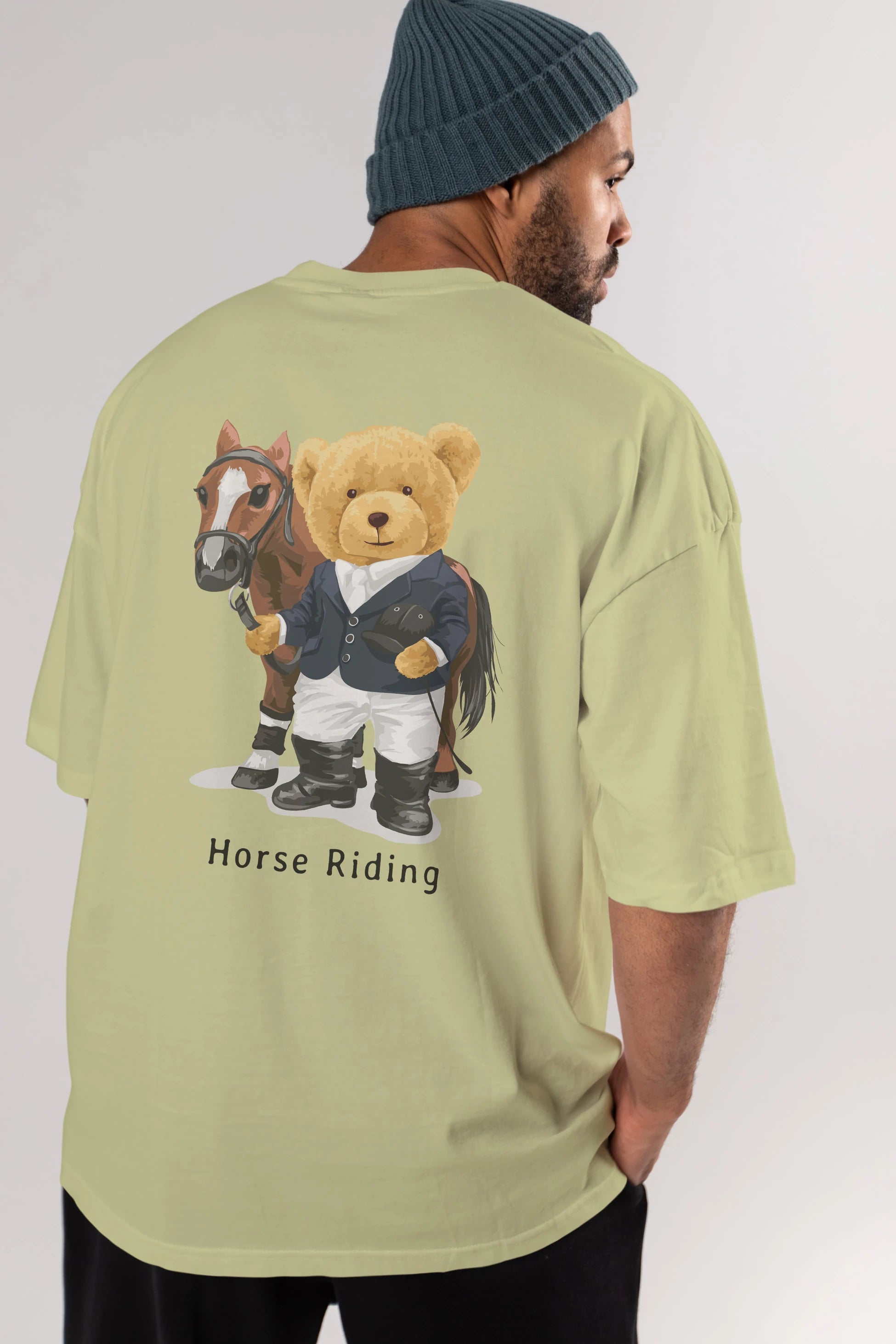 Teddy Bear Horse Riding Arka Baskılı Oversize t-shirt Erkek Kadın Unisex %100 Pamuk