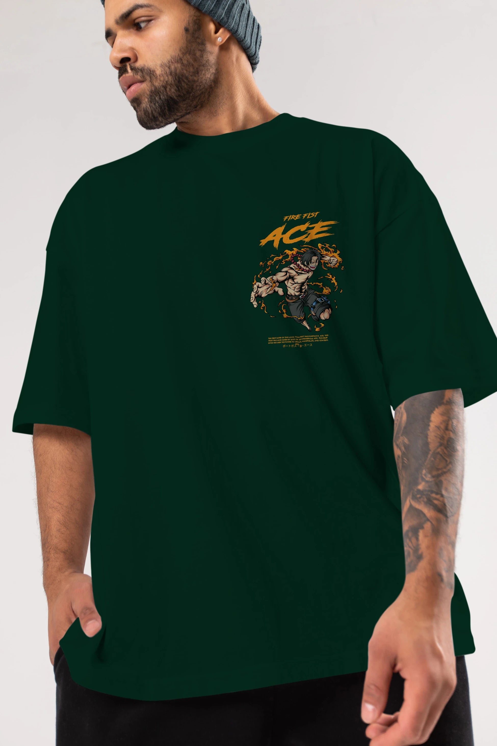 Fire Fist Ace Ön Sol Baskılı Oversize t-shirt Erkek Kadın Unisex %100 Pamuk Bisiklet Yaka tişort