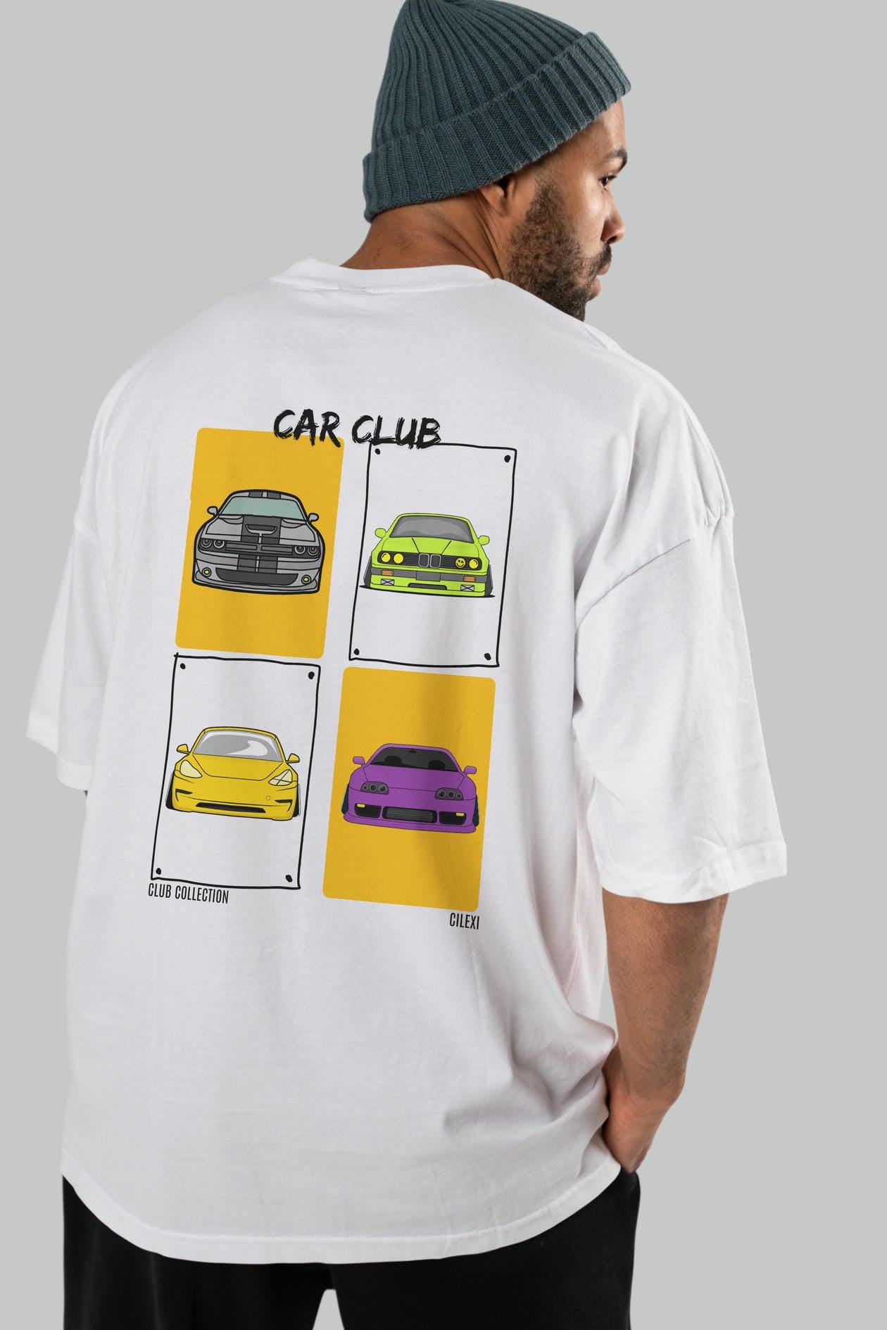 Car Club Arka Baskılı Oversize t-shirt Erkek Kadın %100 Pamuk Bisiklet Yaka tişort