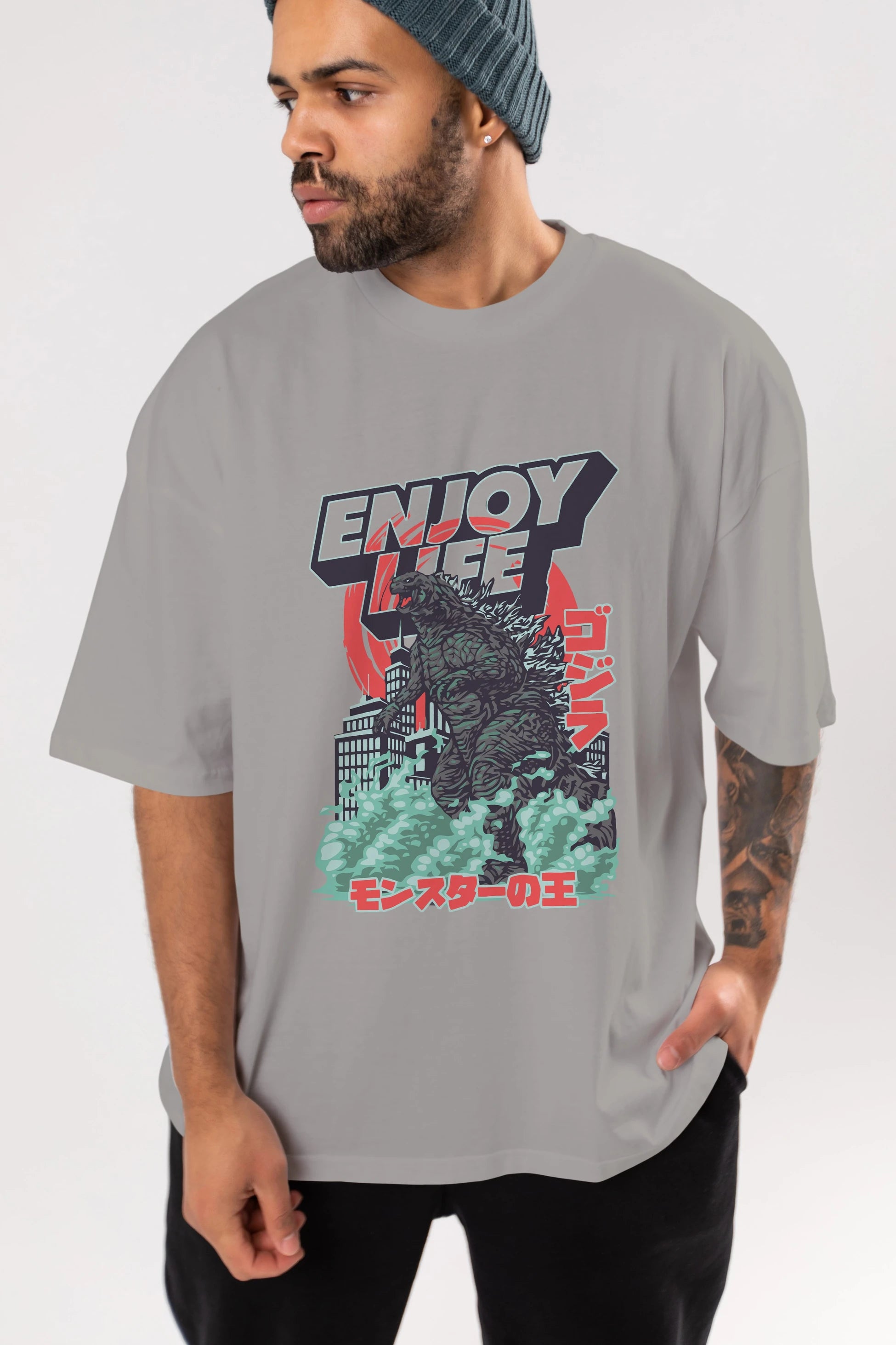 Godzilla Ön Baskılı Oversize t-shirt Erkek Kadın Unisex %100 Pamuk Bisiklet Yaka tişort