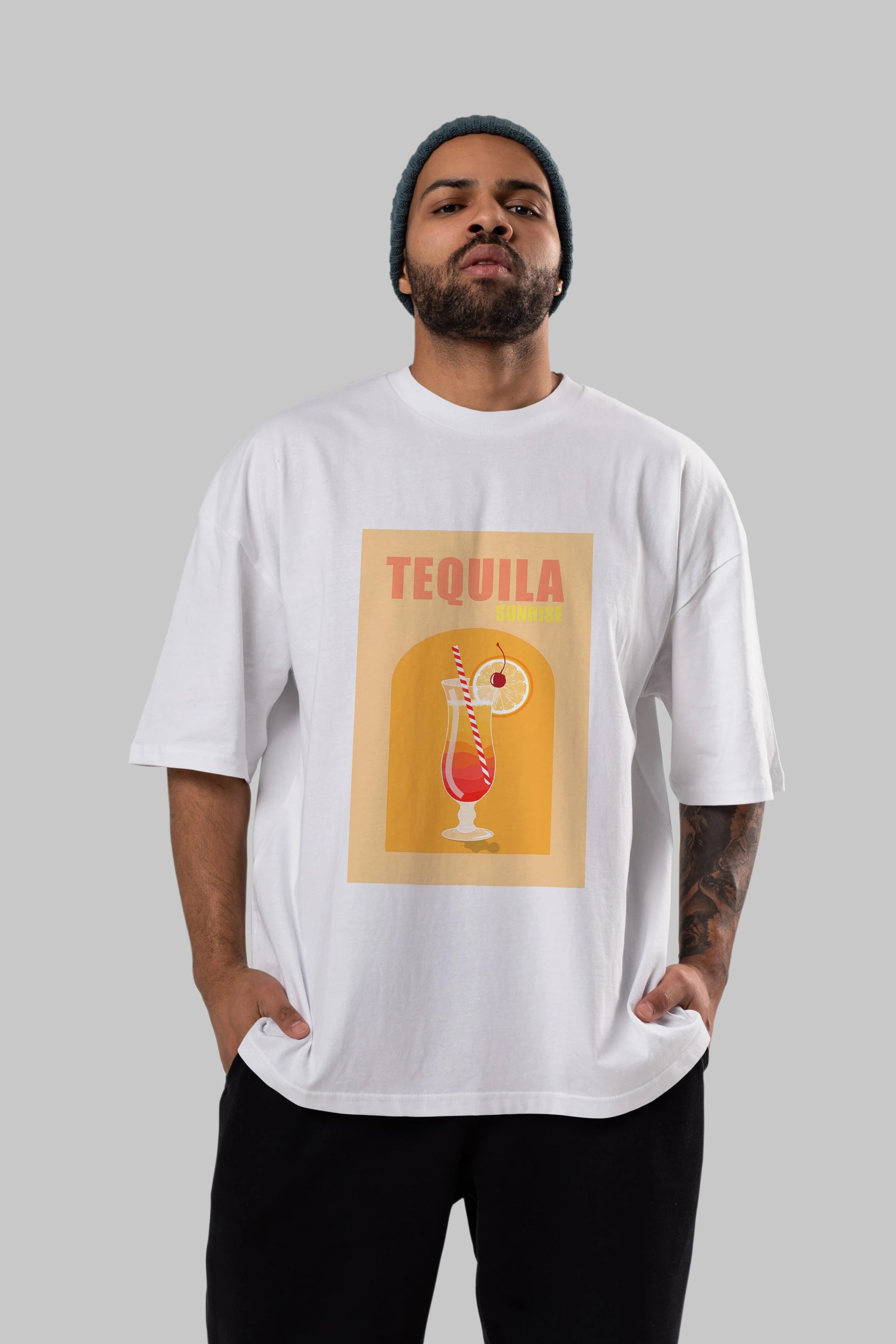 Tequila Sunrise Ön Baskılı Oversize t-shirt Erkek Kadın Unisex %100 Pamuk Bisiklet Yaka tişort