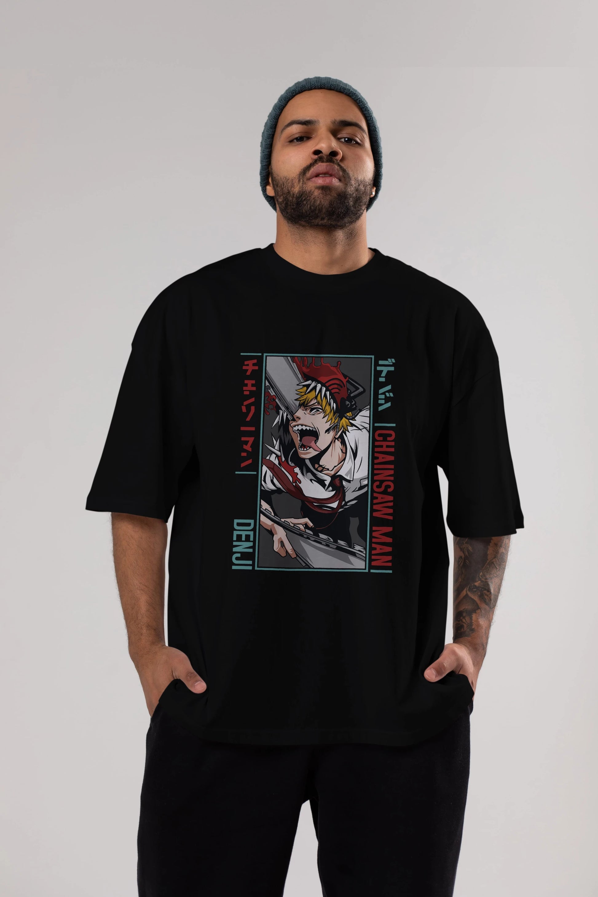 Denji Chainsaw Man Anime Ön Baskılı Oversize t-shirt %100 pamuk Erkek Kadın Unisex