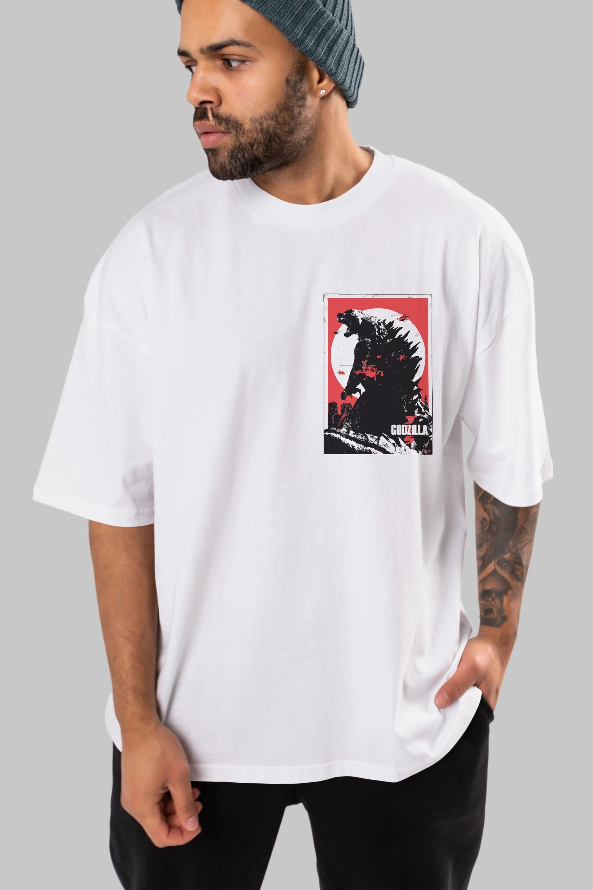 Godzilla (2) Ön Sol Baskılı Oversize t-shirt Erkek Kadın Unisex %100 Pamuk Bisiklet Yaka tişort