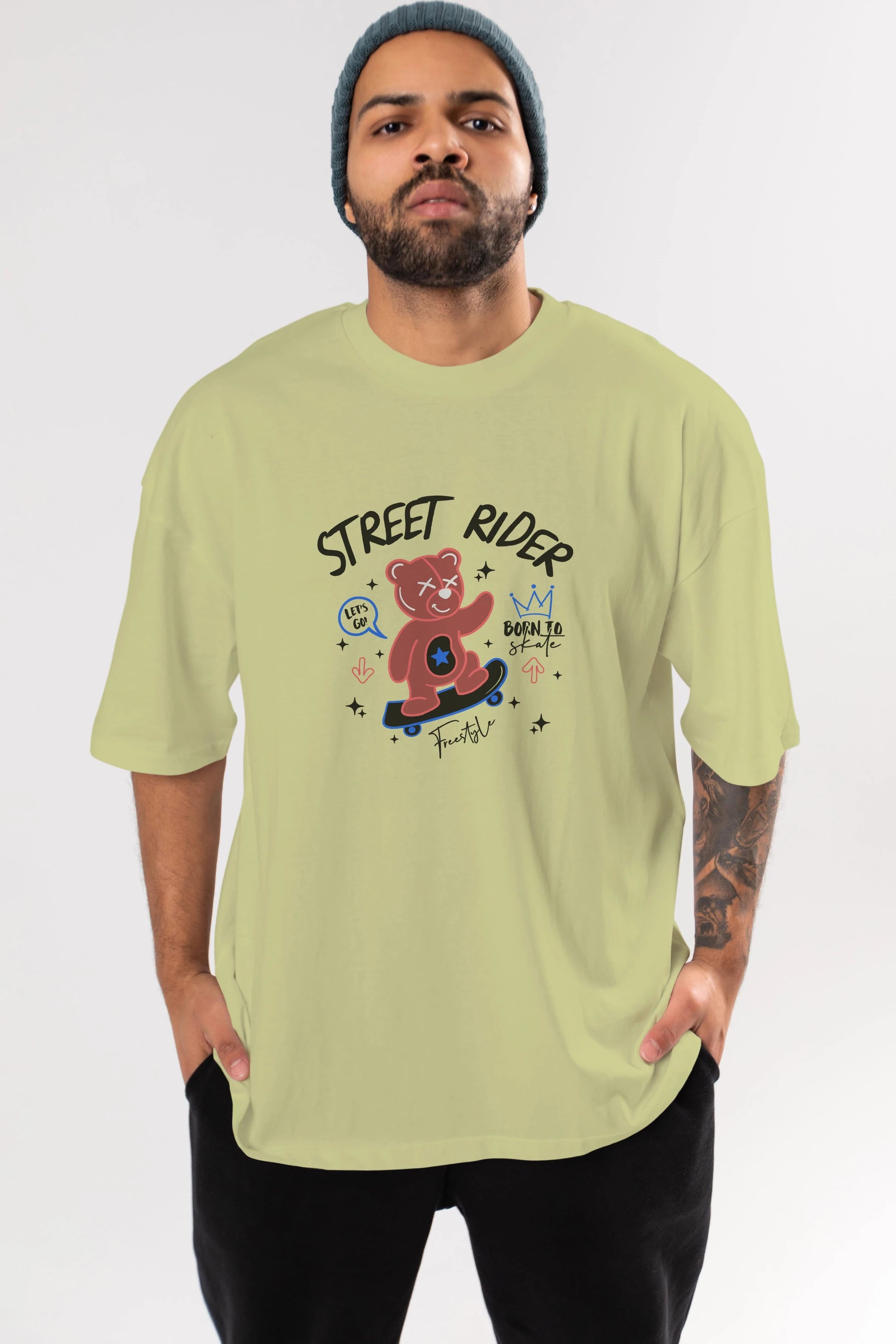 Street Rider Bear Ön Baskılı Oversize t-shirt Erkek Kadın Unisex