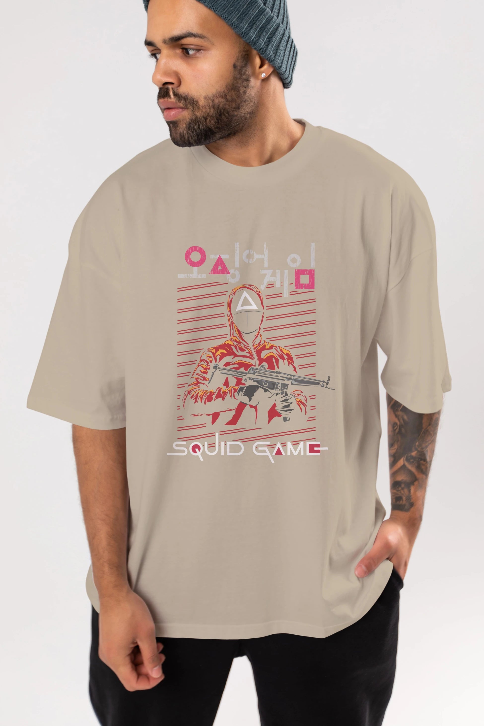 Squid Game (2) Ön Baskılı Oversize t-shirt Erkek Kadın Unisex %100 Pamuk Bisiklet Yaka tişort