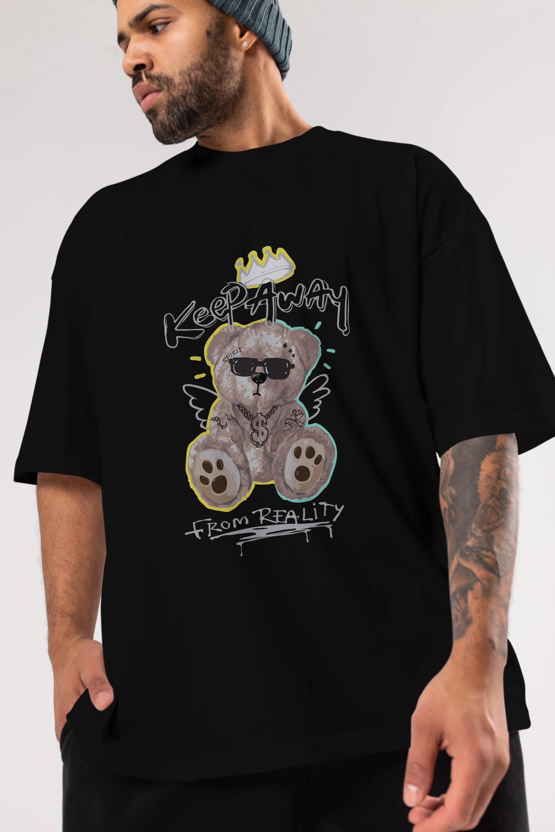 Keep Away Bear Ön Baskılı Oversize t-shirt Erkek Kadın Unisex