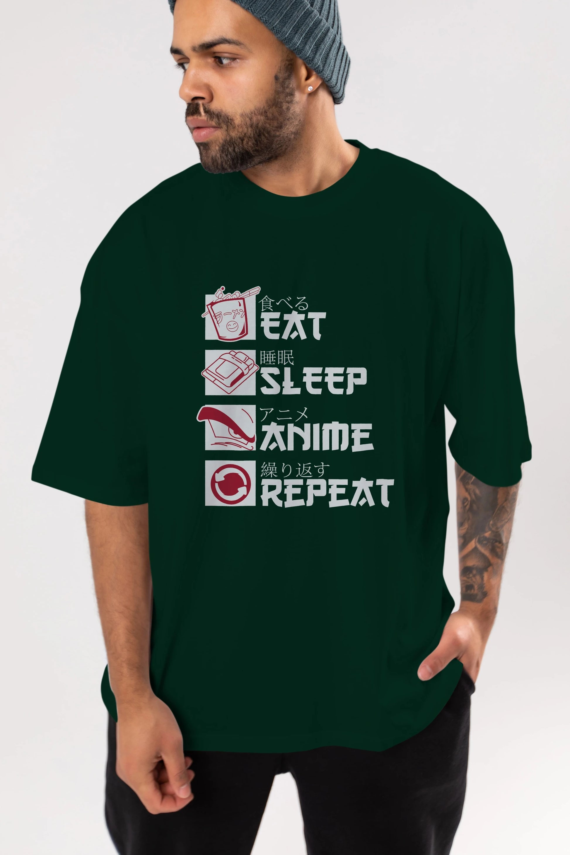 Eat, Sleep, Anime, Repeat Anime Ön Baskılı Oversize t-shirt %100 pamuk Erkek Kadın Unisex