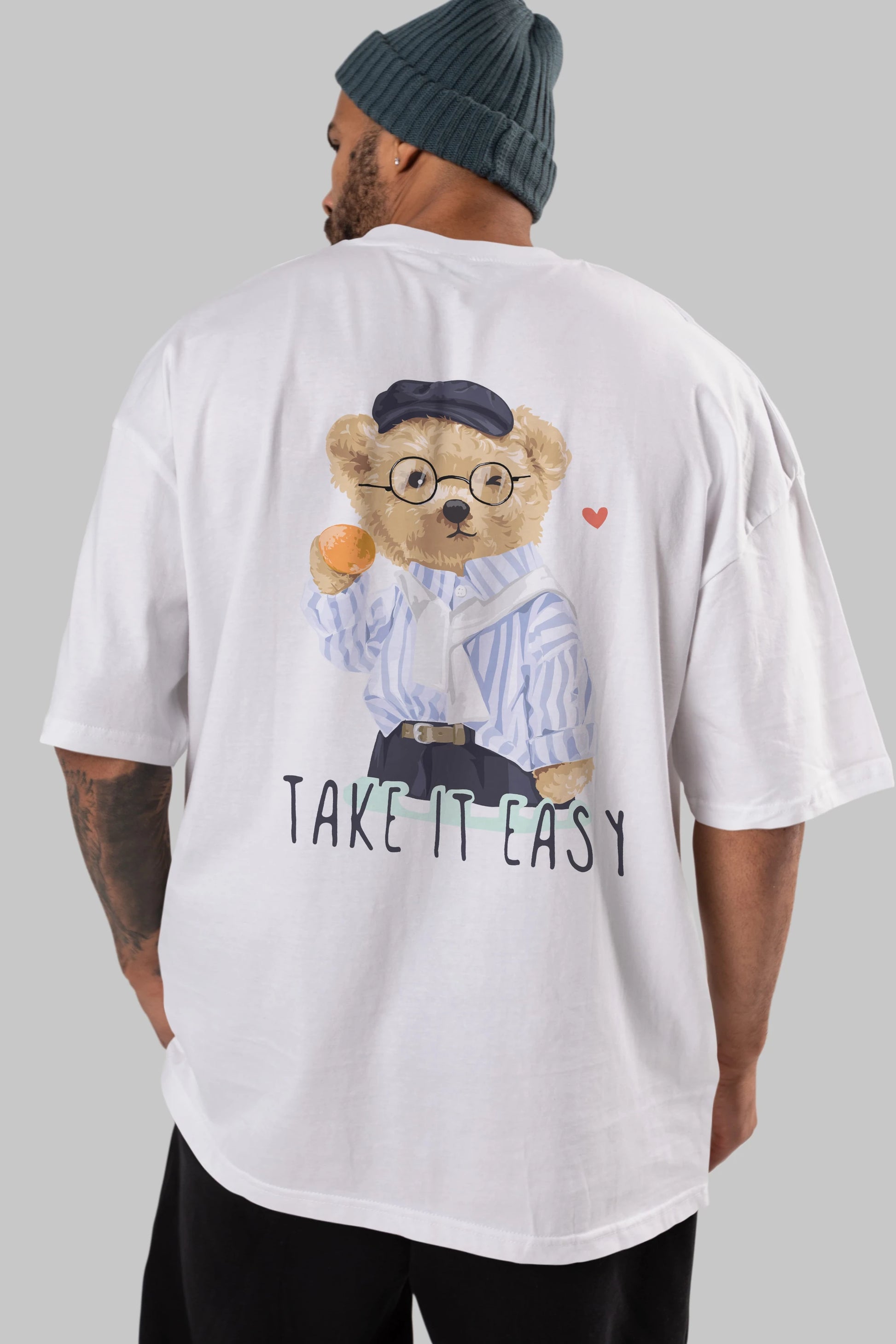 Teddy Bear Take it Easy Arka Baskılı Oversize t-shirt Erkek Kadın Unisex %100 Pamuk