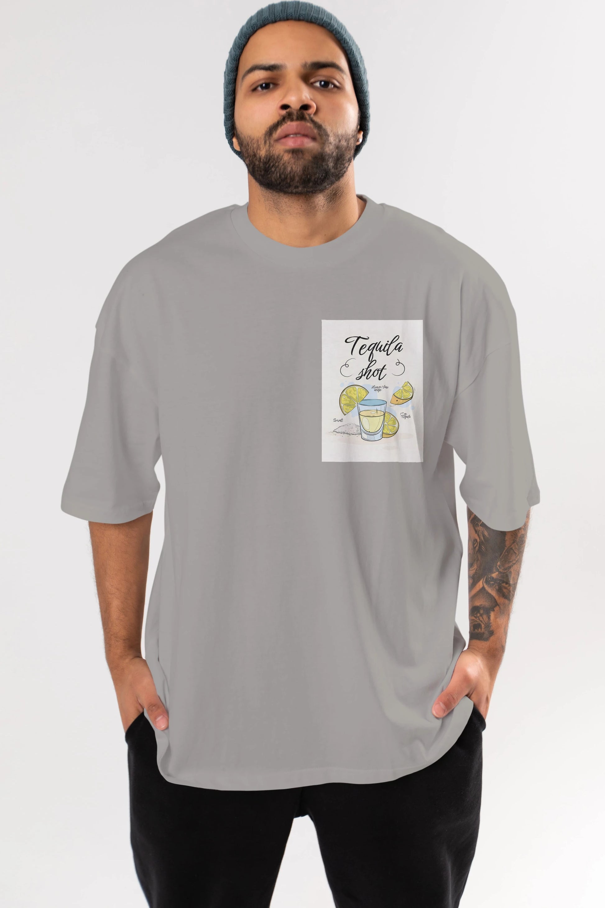 Tequila Shot Ön Sol Baskılı Oversize t-shirt Erkek Kadın Unisex %100 Pamuk Bisiklet Yaka tişort