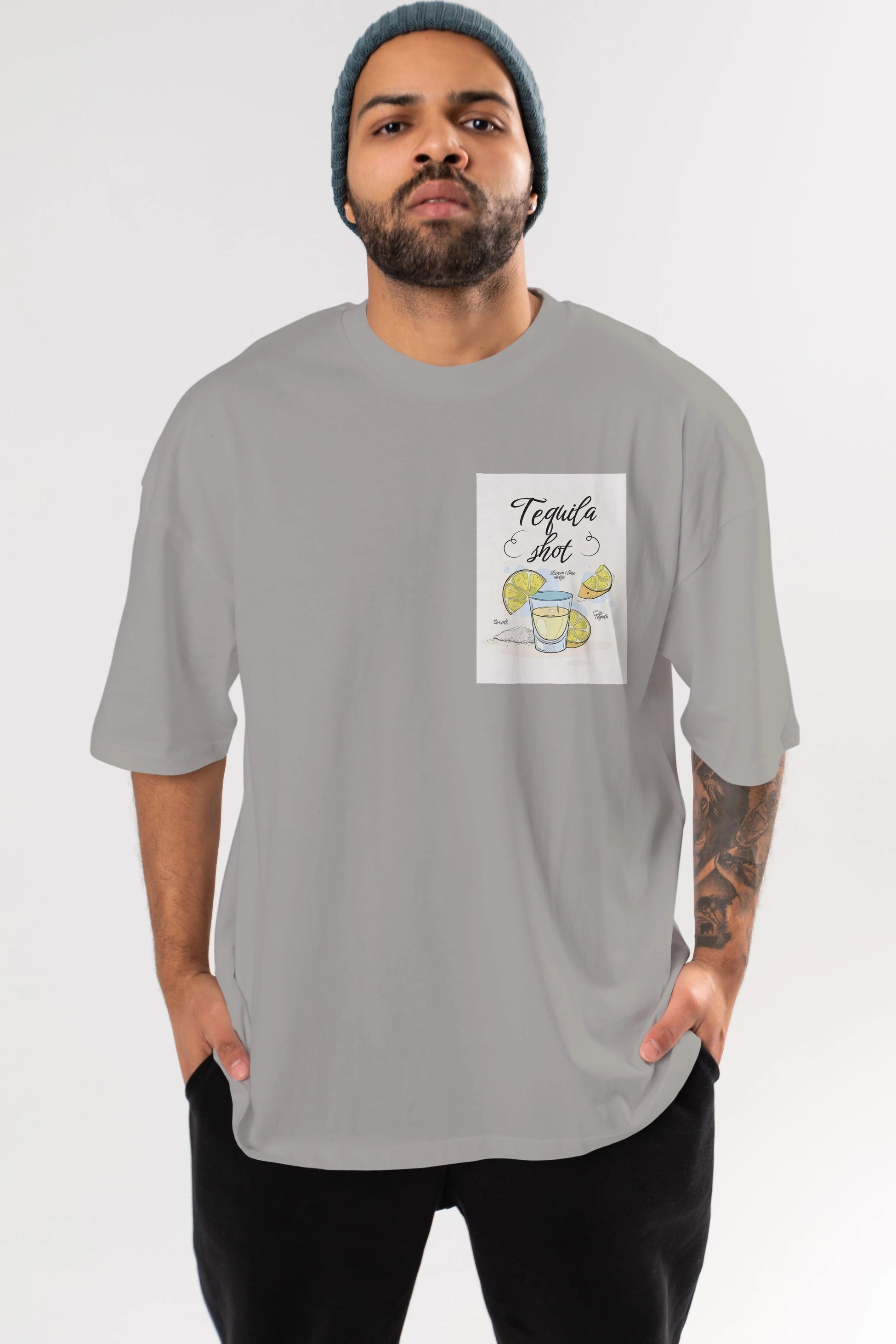Tequila Shot Ön Sol Baskılı Oversize t-shirt Erkek Kadın Unisex %100 Pamuk Bisiklet Yaka tişort
