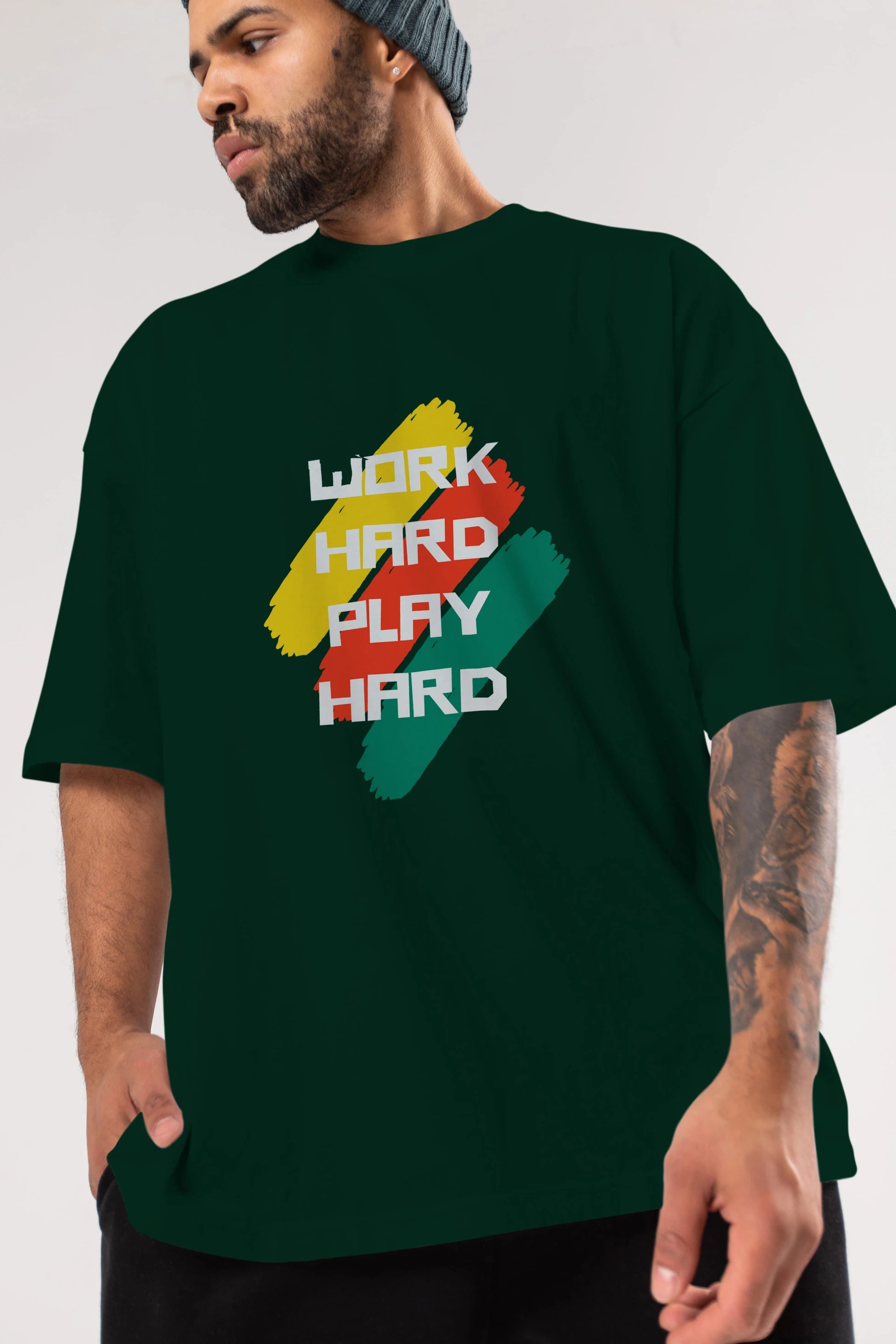 Work Hard Play Hard 2 Ön Baskılı Oversize t-shirt Erkek Kadın Unisex
