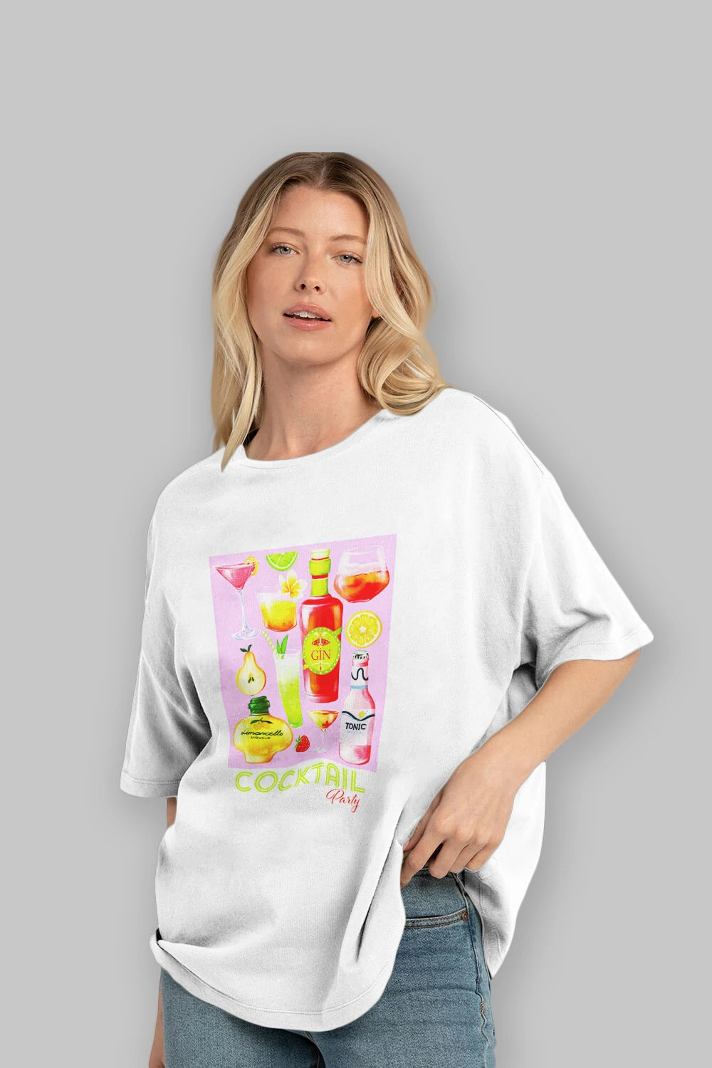 Cocktail Party Ön Baskılı Oversize t-shirt Erkek Kadın Unisex %100 Pamuk Bisiklet Yaka tişort