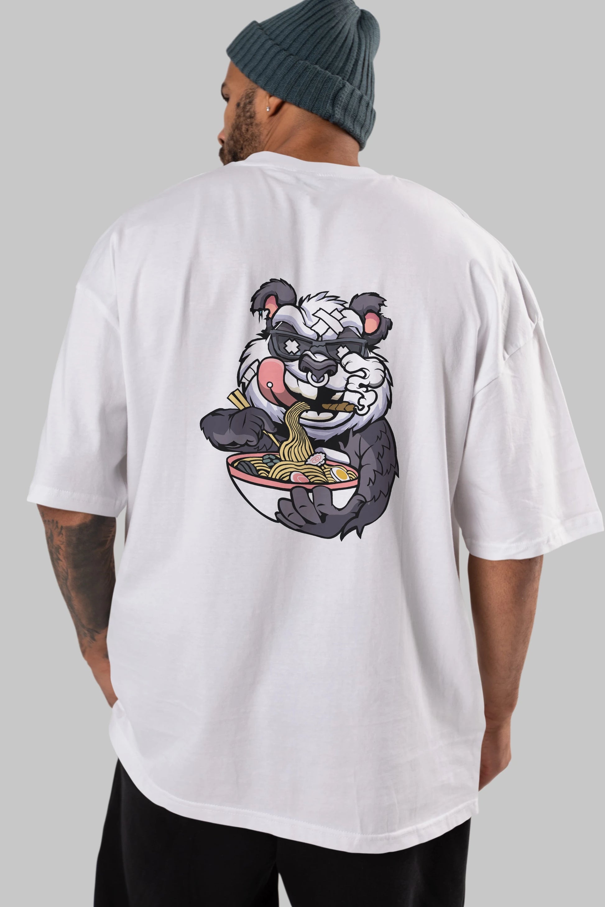 Panda Ramen Arka Baskılı Oversize t-shirt Erkek Kadın Unisex %100 Pamuk tişort
