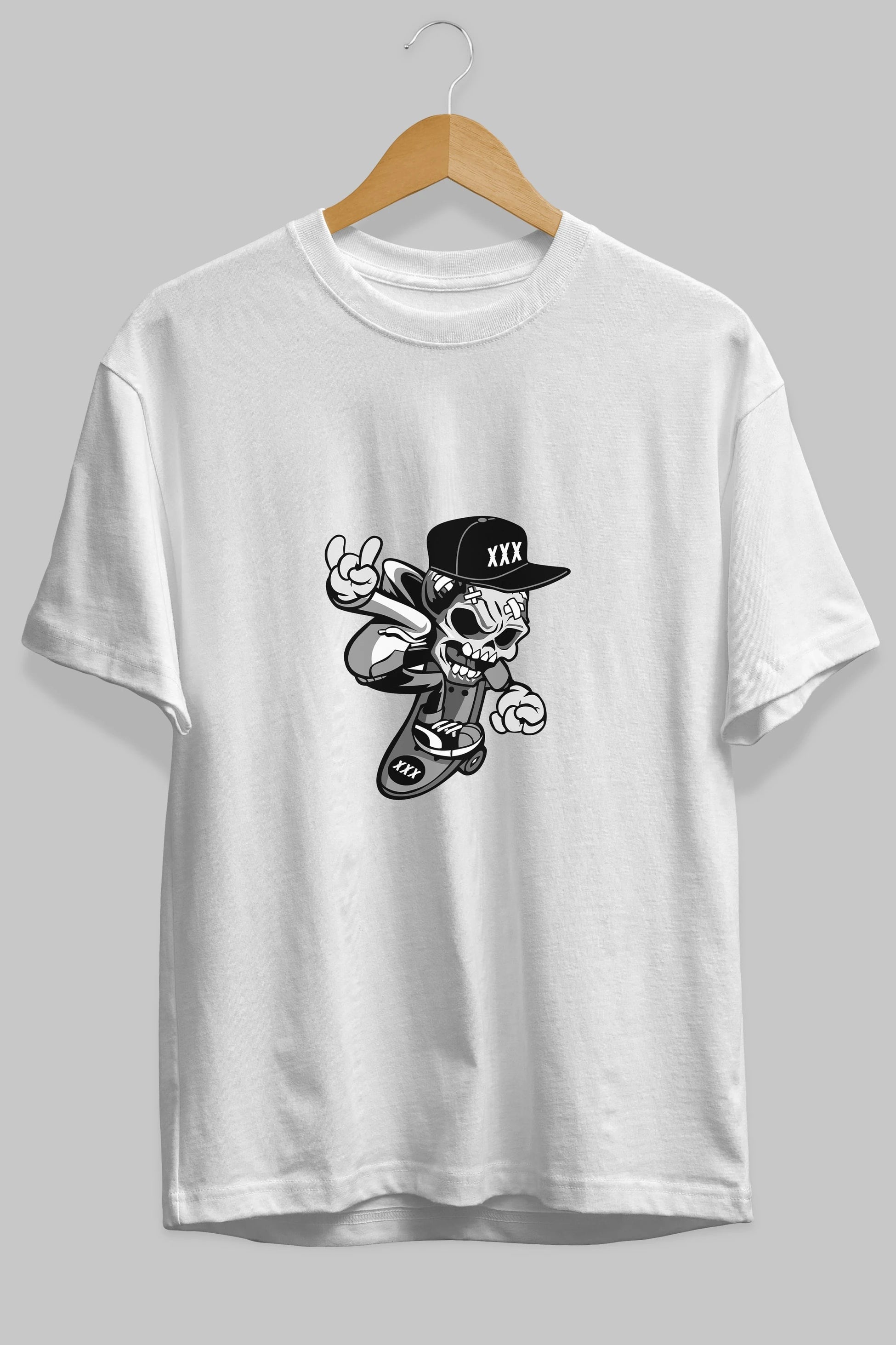 Skull Skateboard Ön Baskılı Oversize t-shirt Erkek Kadın Unisex %100 Pamuk tişort