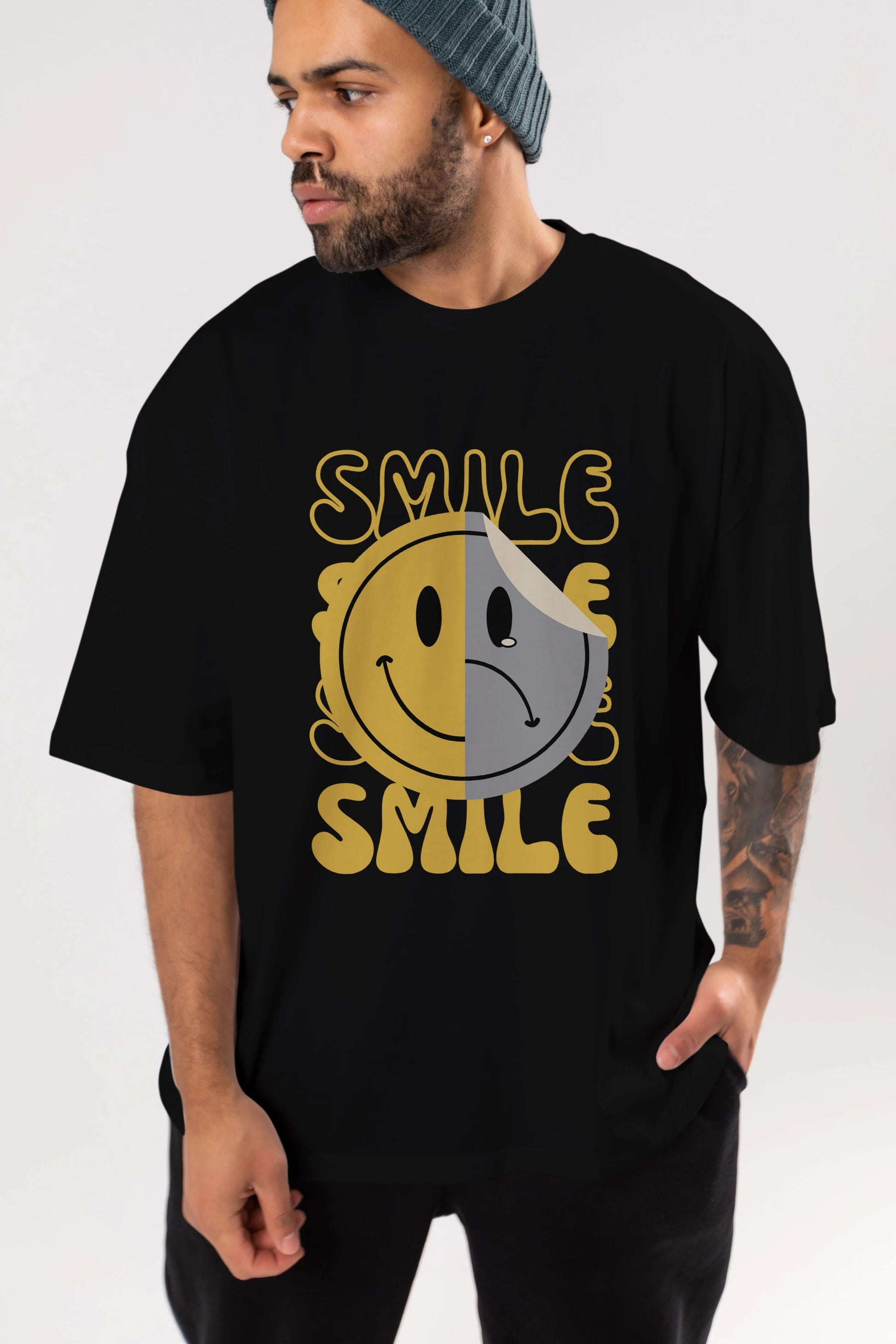 Smile Yazılı Ön Baskılı Oversize t-shirt Erkek Kadın Unisex