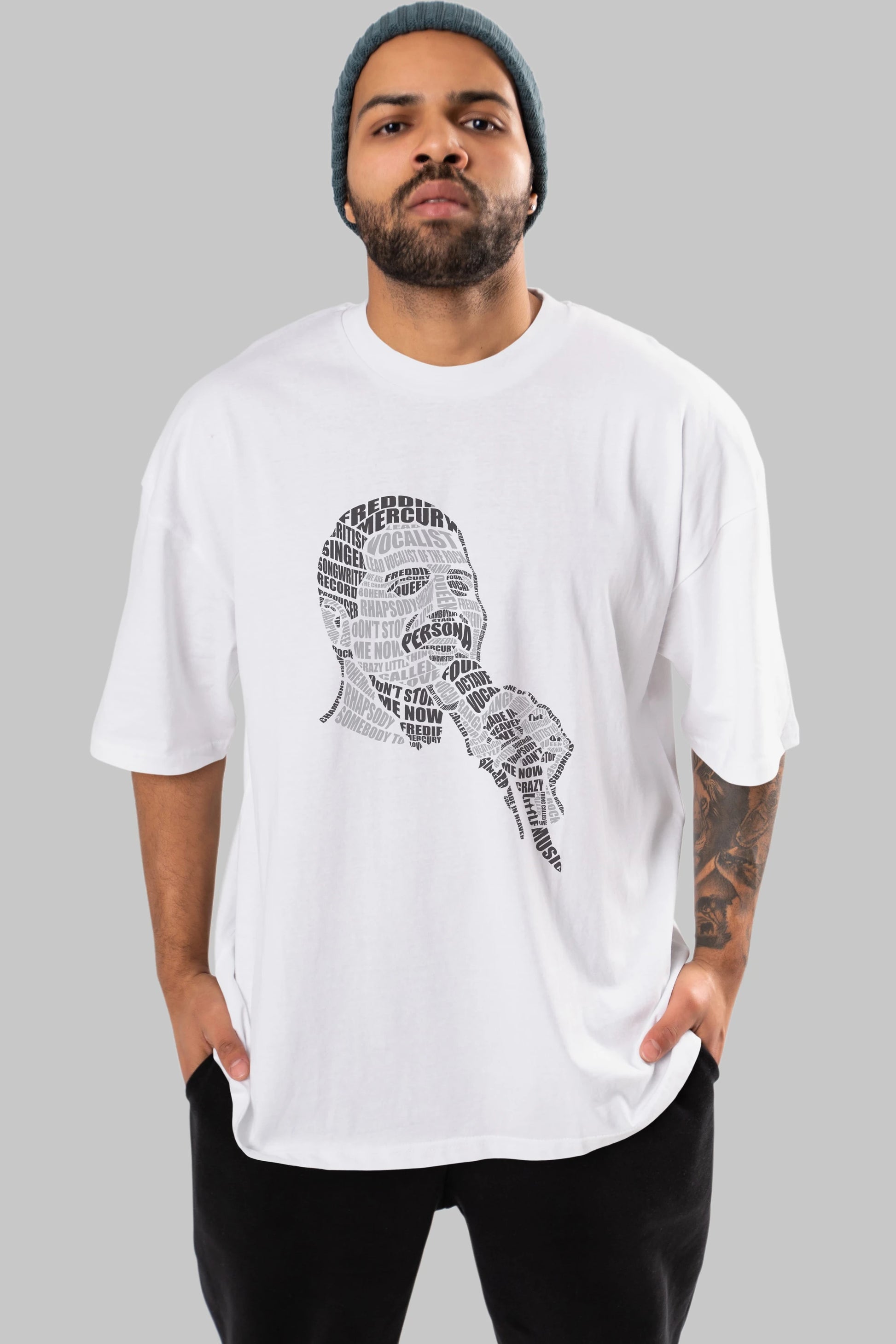 Freddy Mercuri Calligram Ön Baskılı Oversize t-shirt %100 pamuk Erkek Kadın Unisex