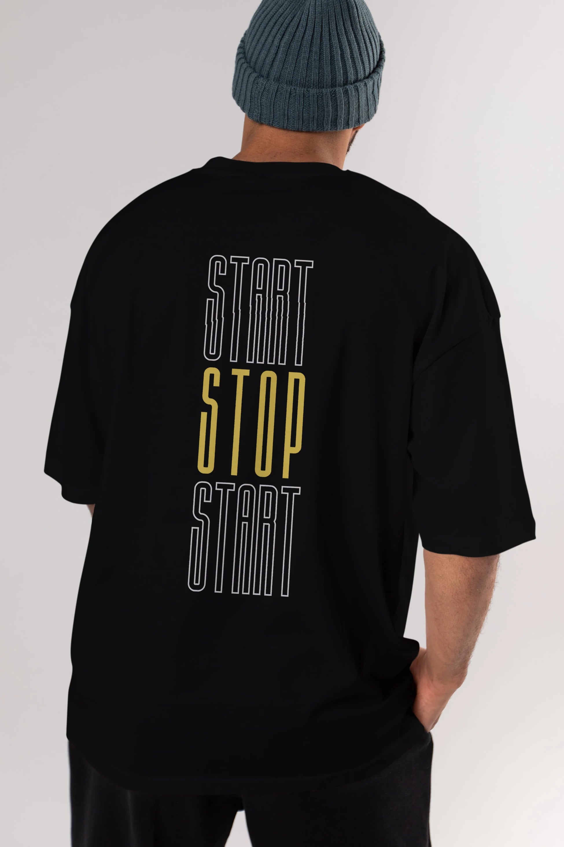Start Stop Start Yazılı Arka Baskılı Oversize t-shirt Erkek Kadın Unisex