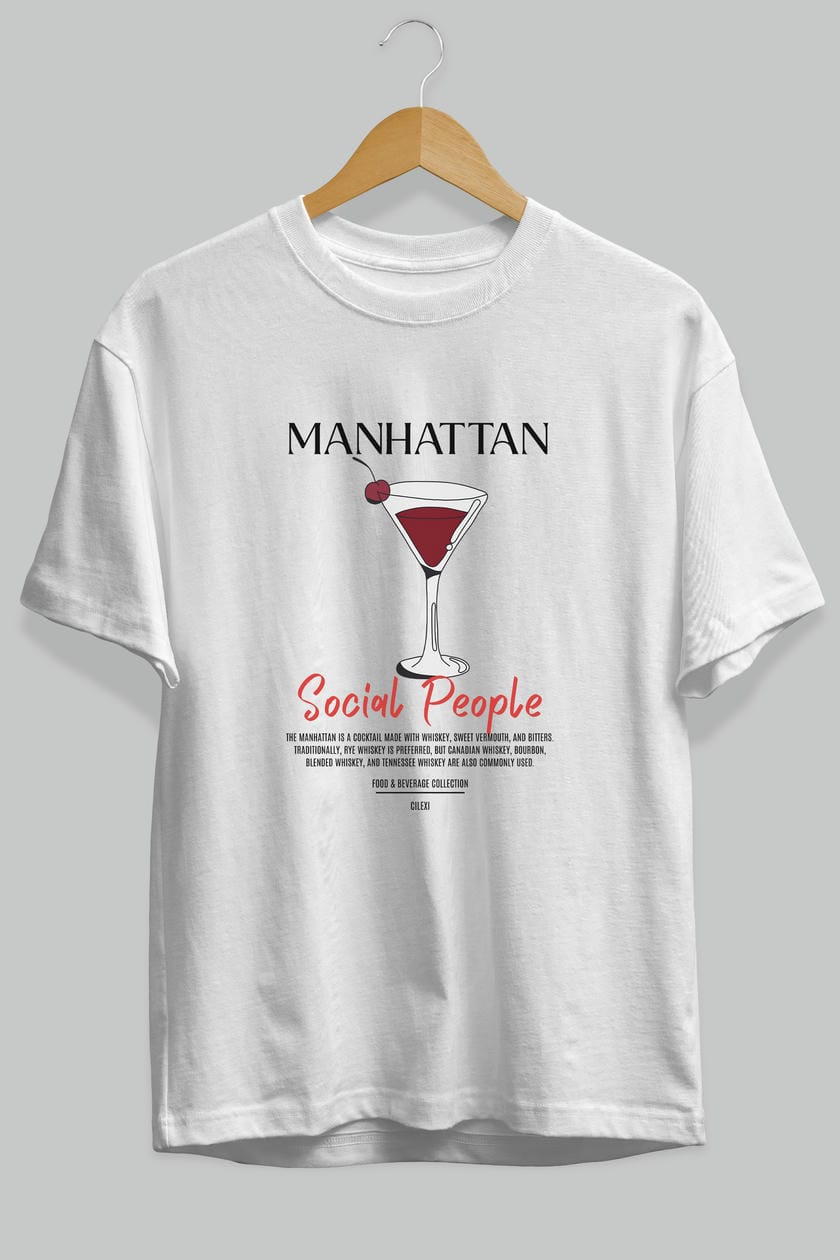 Manhattan Kokteyl Serisi ön Baskılı Oversize t-shirt Erkek Kadın %100 Pamuk Bisiklet Yaka tişort