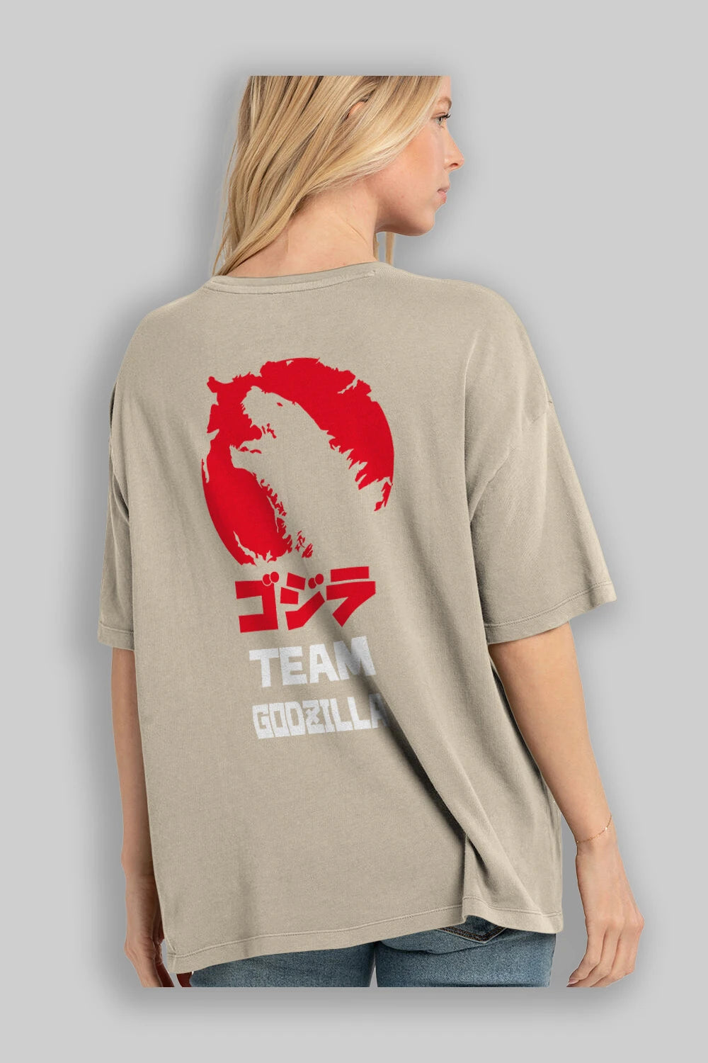 Team Godzilla Arka Baskılı Oversize t-shirt Erkek Kadın Unisex %100 Pamuk Bisiklet Yaka tişort