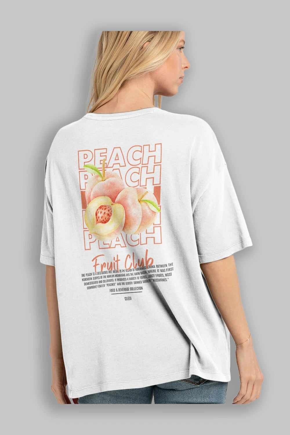 Peach Arka Baskılı Oversize t-shirt Erkek Kadın Pamuk Bisiklet Yaka tişort