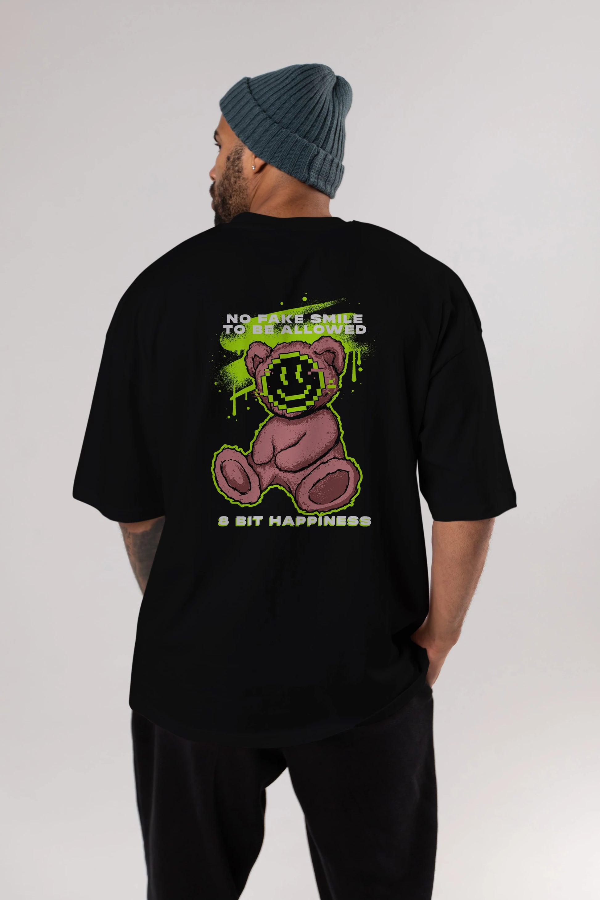 No Fake Smile Bear Arka Baskılı Oversize t-shirt Erkek Kadın Unisex