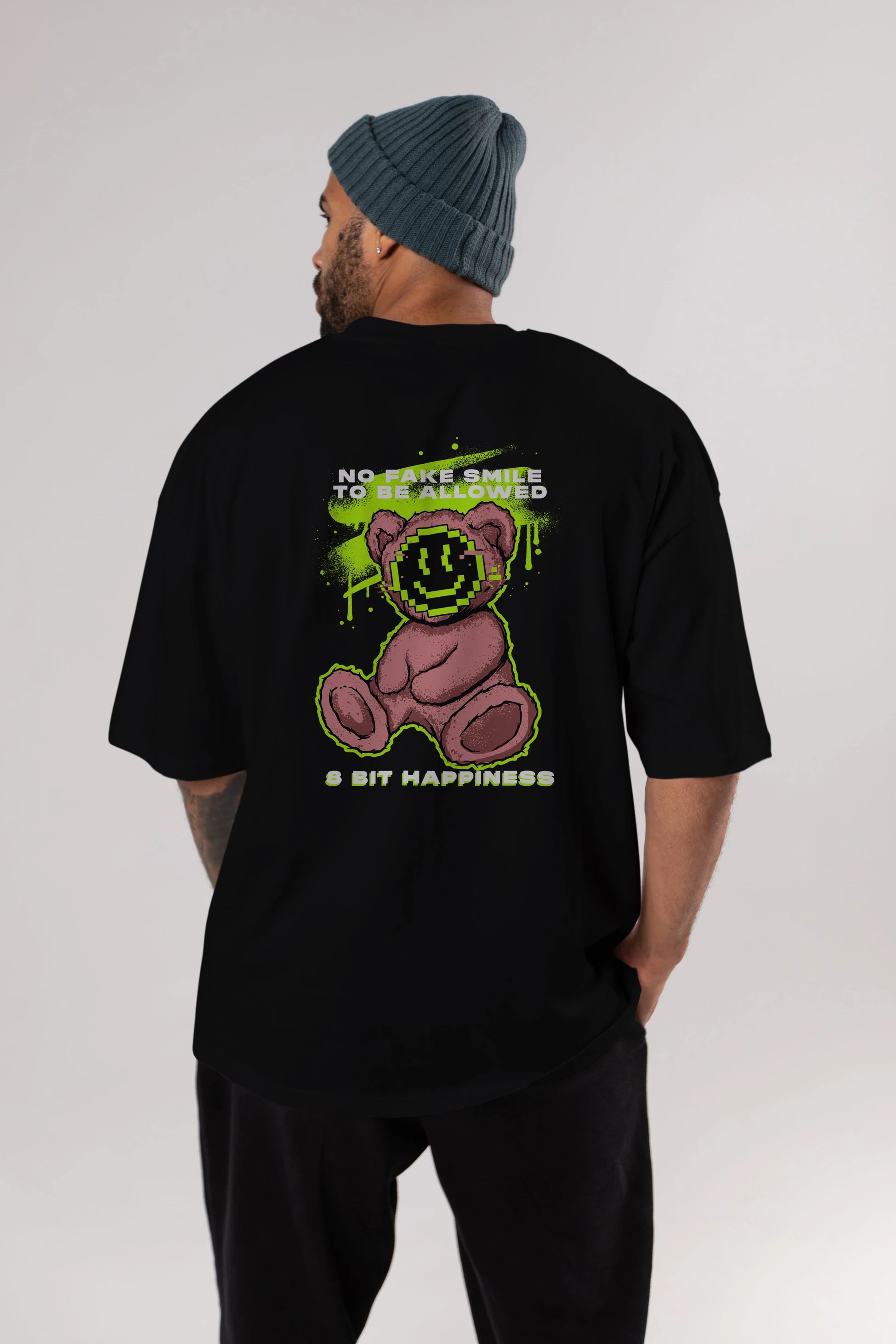 No Fake Smile Bear Arka Baskılı Oversize t-shirt Erkek Kadın Unisex