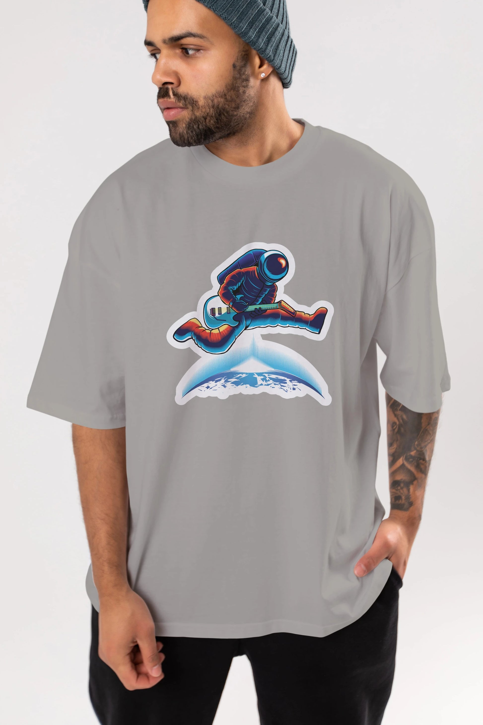 Astroguitar Sticker Ön Baskılı Oversize t-shirt Erkek Kadın Unisex
