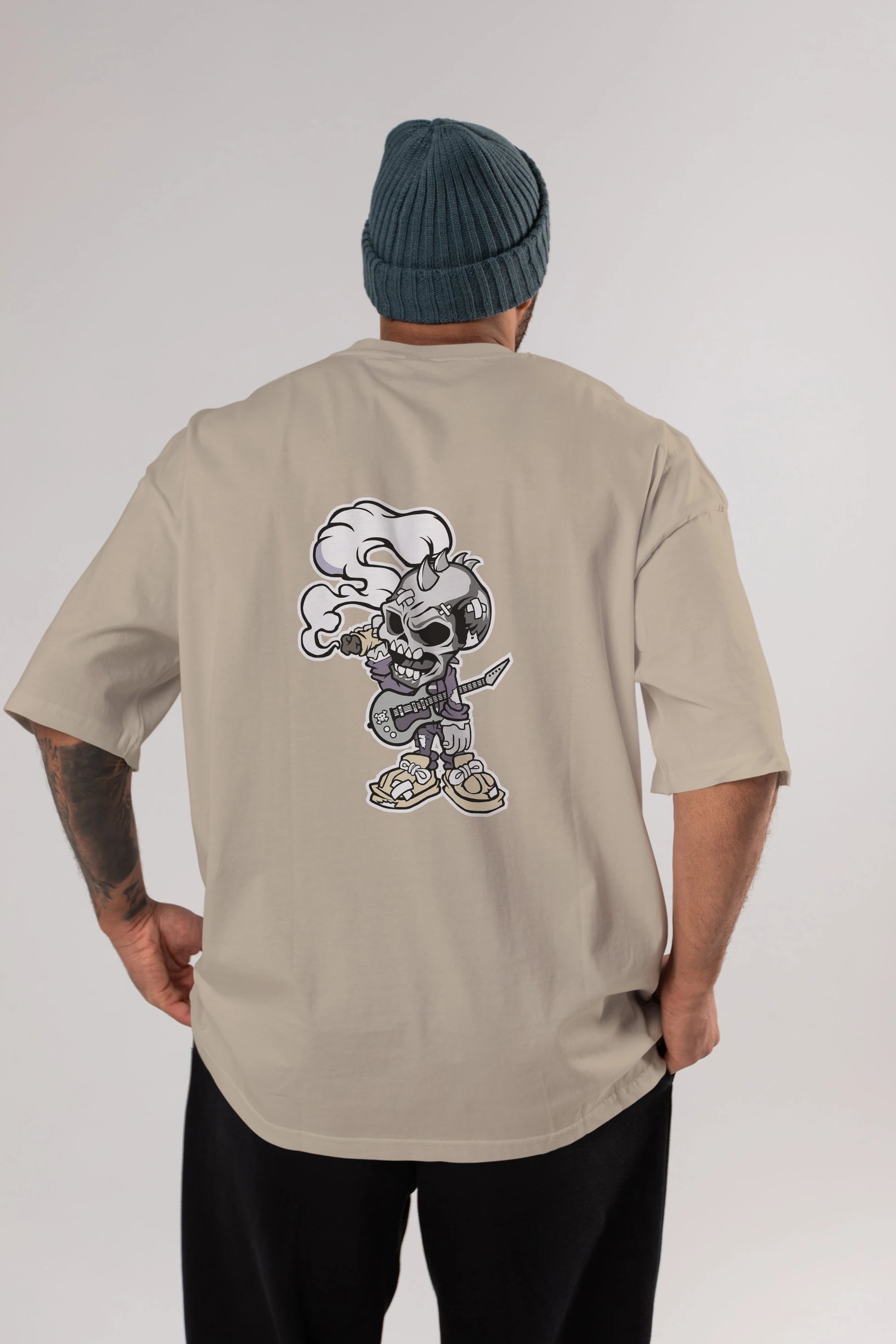 Skull Smoker Punk Rocker Arka Baskılı Oversize t-shirt Erkek Kadın Unisex %100 Pamuk tişort