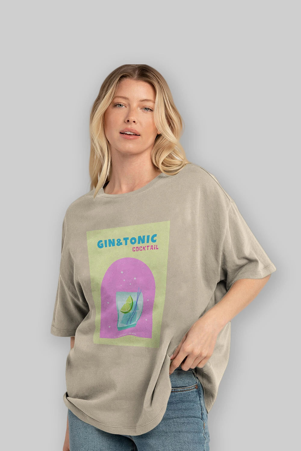 Gin Tonic Cocktail Ön Baskılı Oversize t-shirt Erkek Kadın Unisex %100 Pamuk Bisiklet Yaka tişort