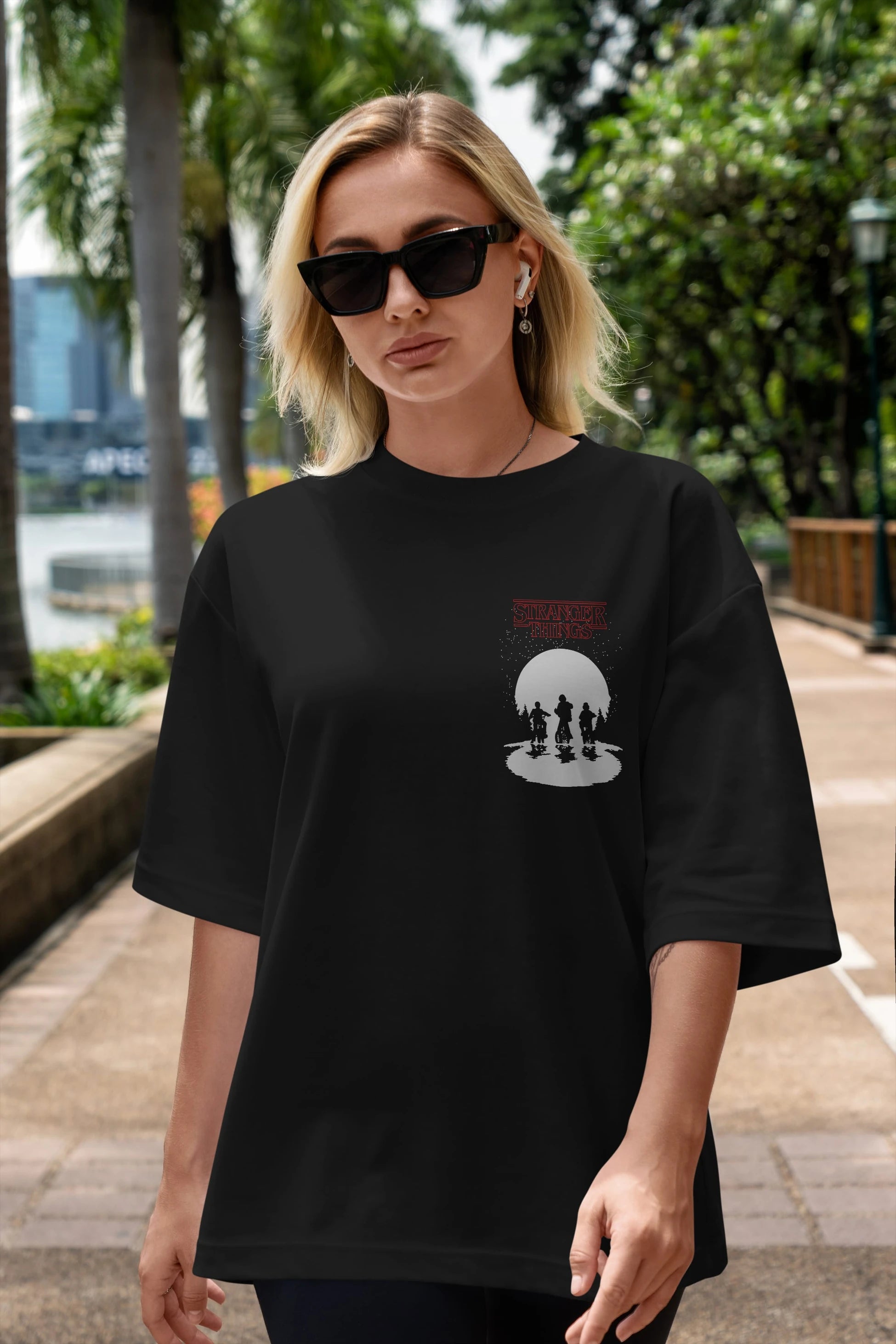 Stranger Things Ön Sol Baskılı Oversize t-shirt Erkek Kadın Unisex %100 Pamuk Bisiklet Yaka tişort