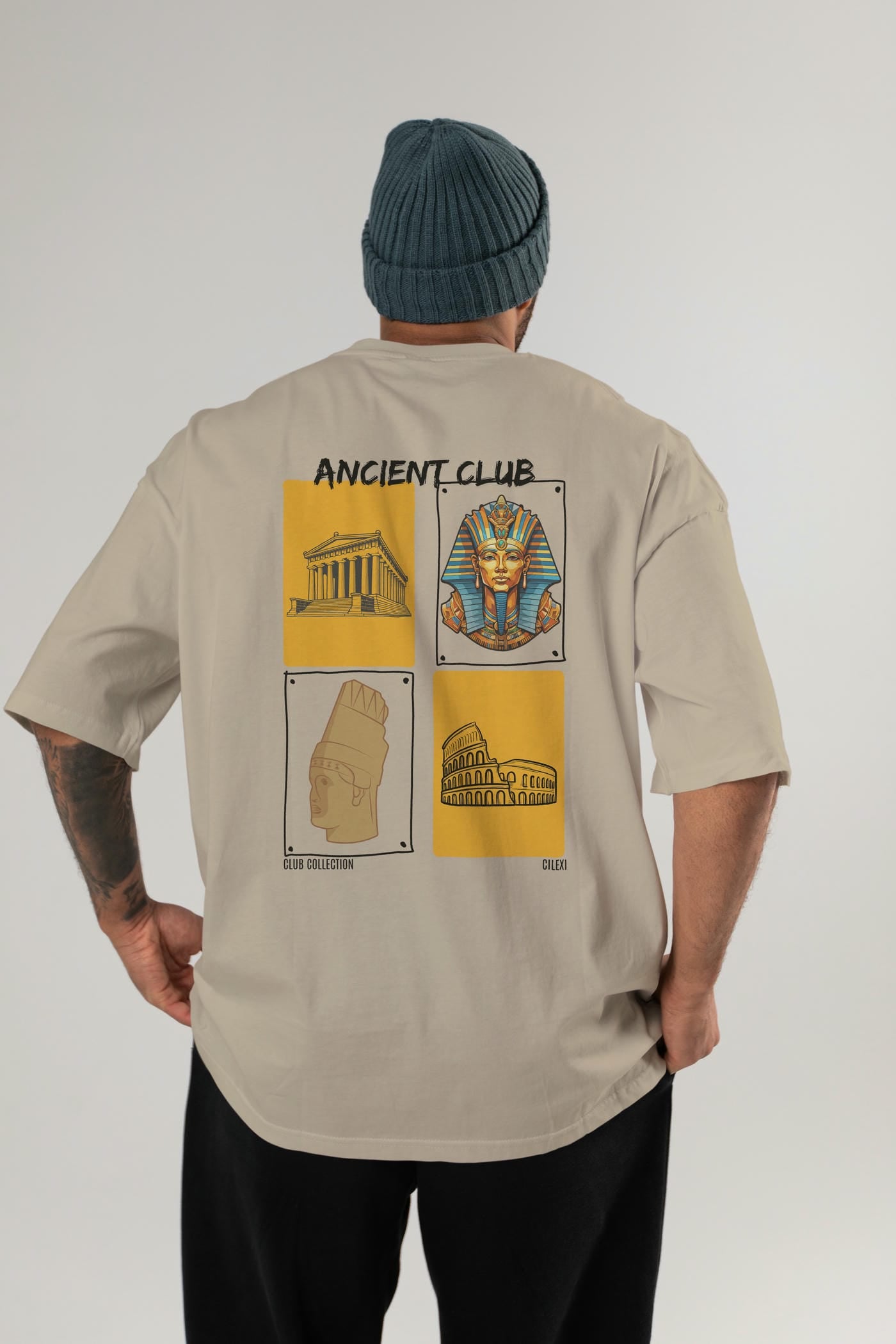 Ancient Club Arka Baskılı Oversize t-shirt Erkek Kadın %100 Pamuk Bisiklet Yaka tişort