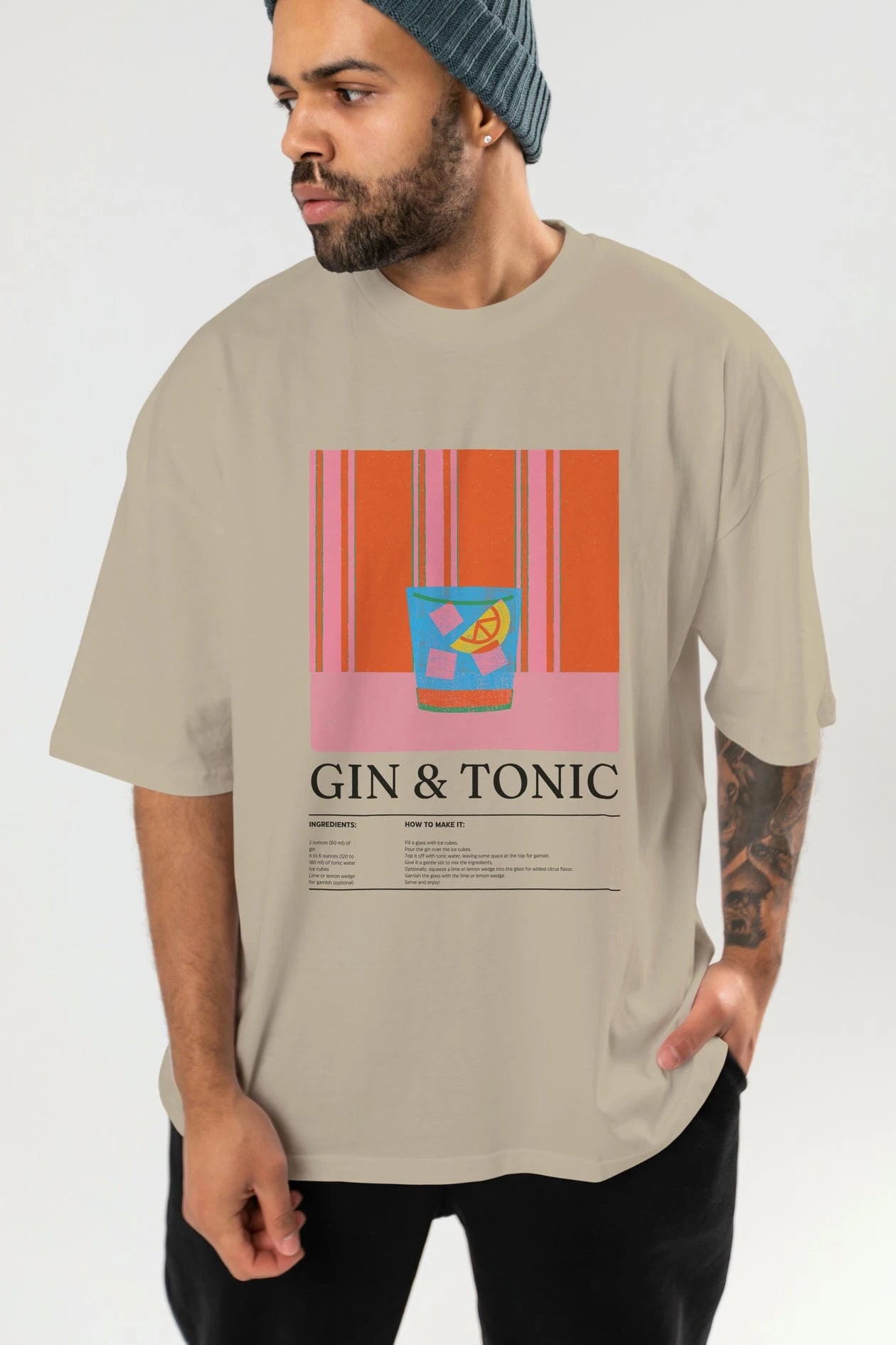 Gin tonic Kokteyl Ön Baskılı Oversize t-shirt Erkek Kadın %100 Pamuk Bisiklet Yaka tişort