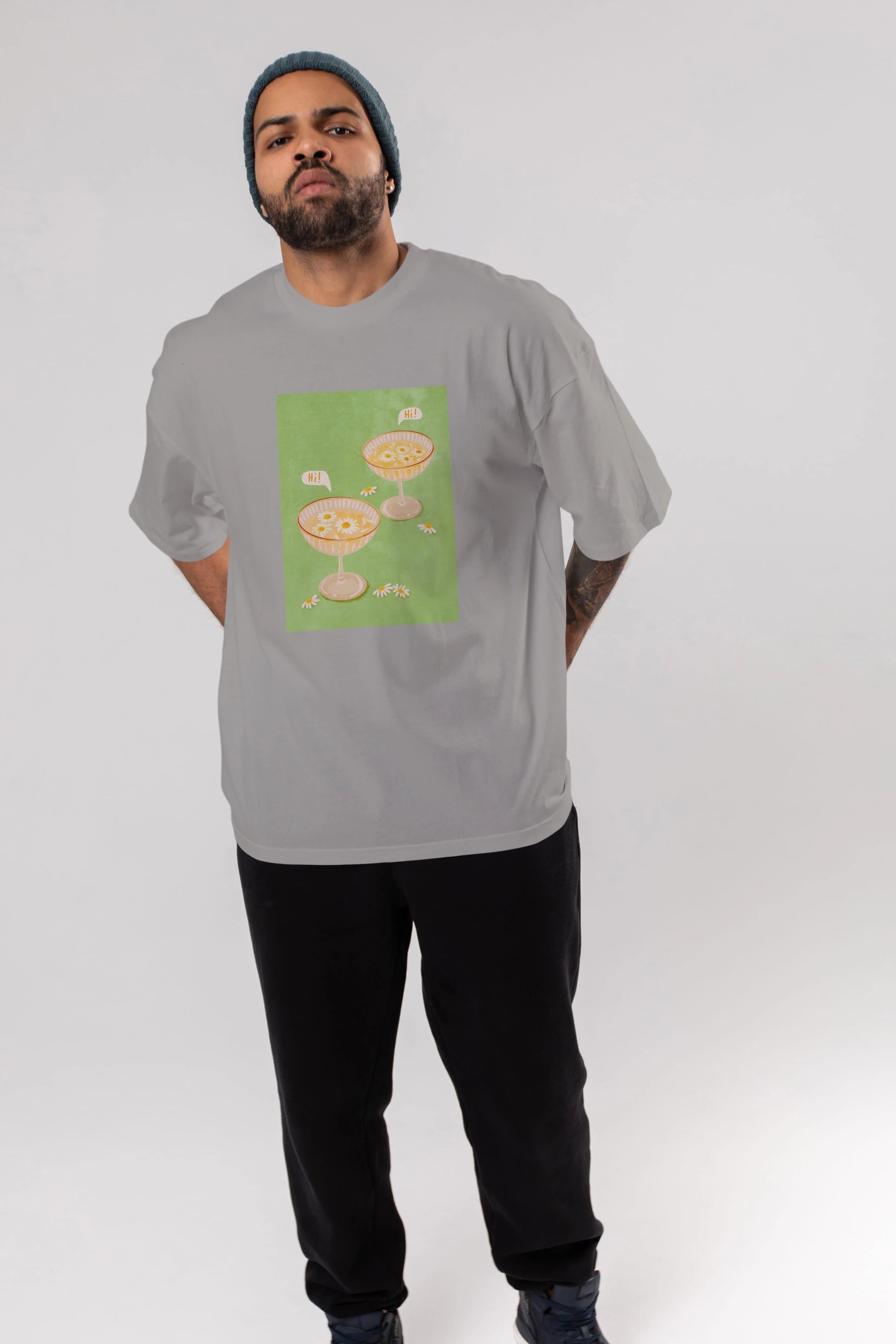 Hi Cheers Ön Baskılı Oversize t-shirt Erkek Kadın Unisex %100 Pamuk Bisiklet Yaka tişort