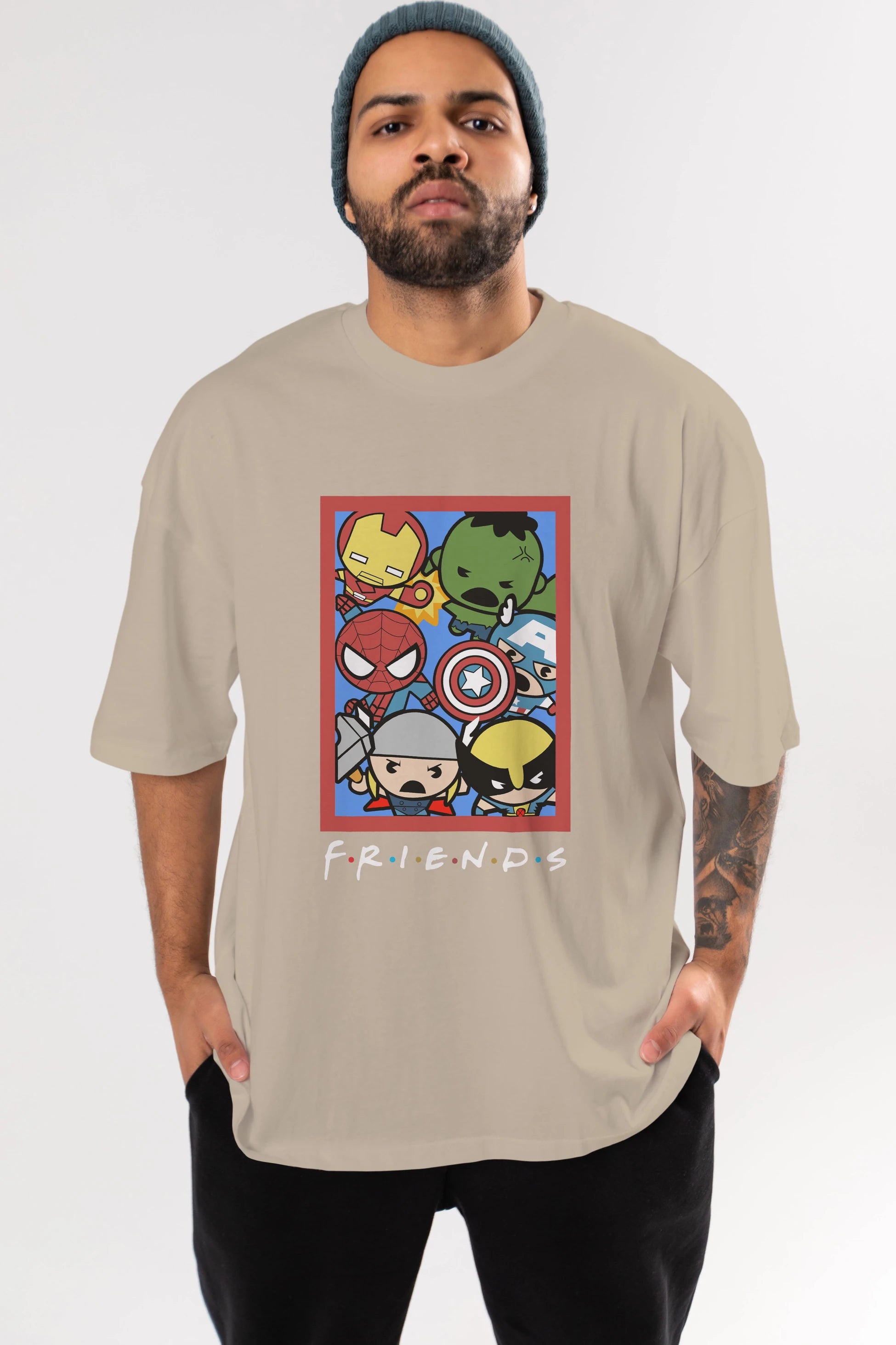 Friends Avenger Ön Baskılı Oversize t-shirt Erkek Kadın Unisex %100 Pamuk Bisiklet Yaka tişort