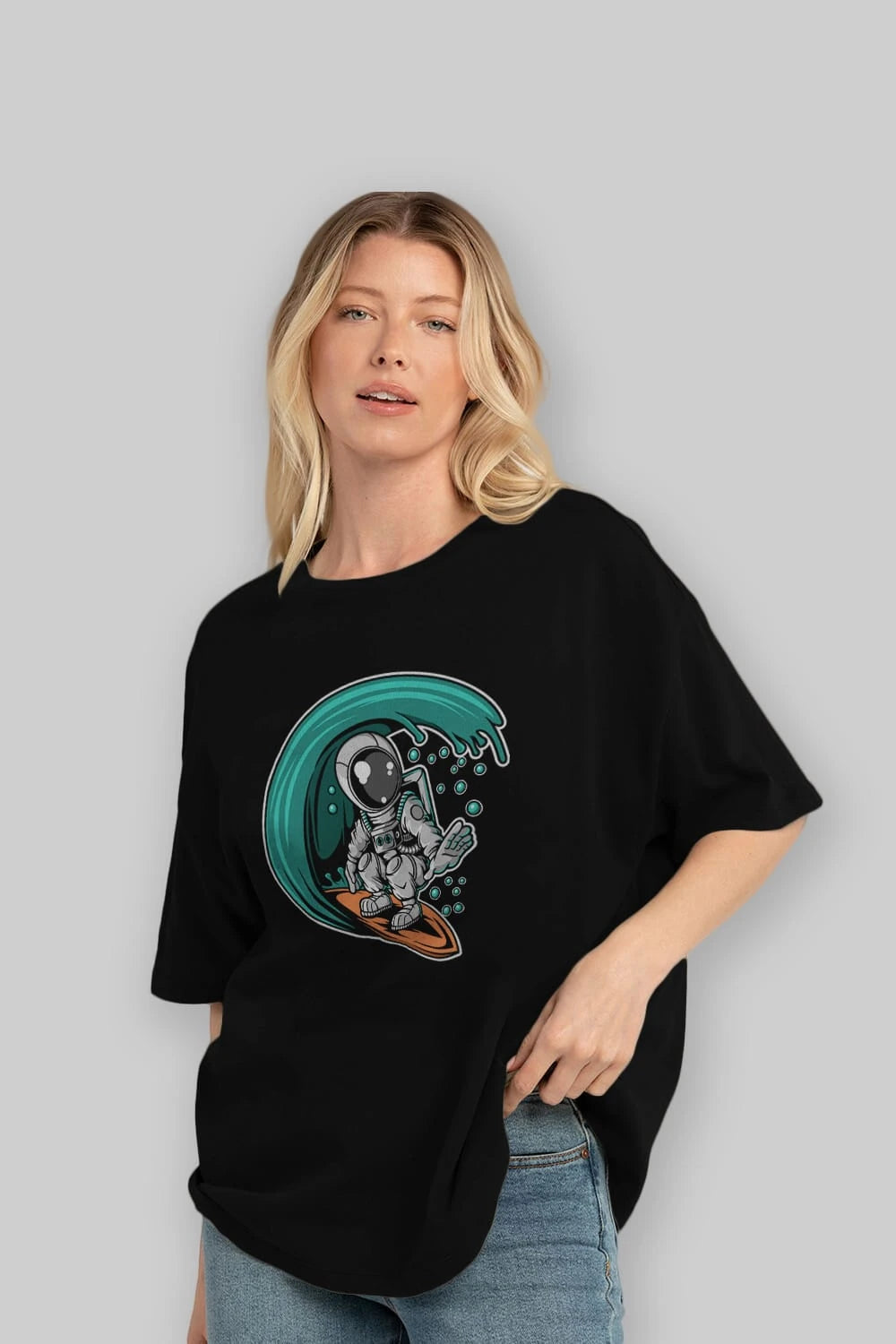 Astronaut Surfing Ön Baskılı Oversize t-shirt Erkek Kadın Unisex