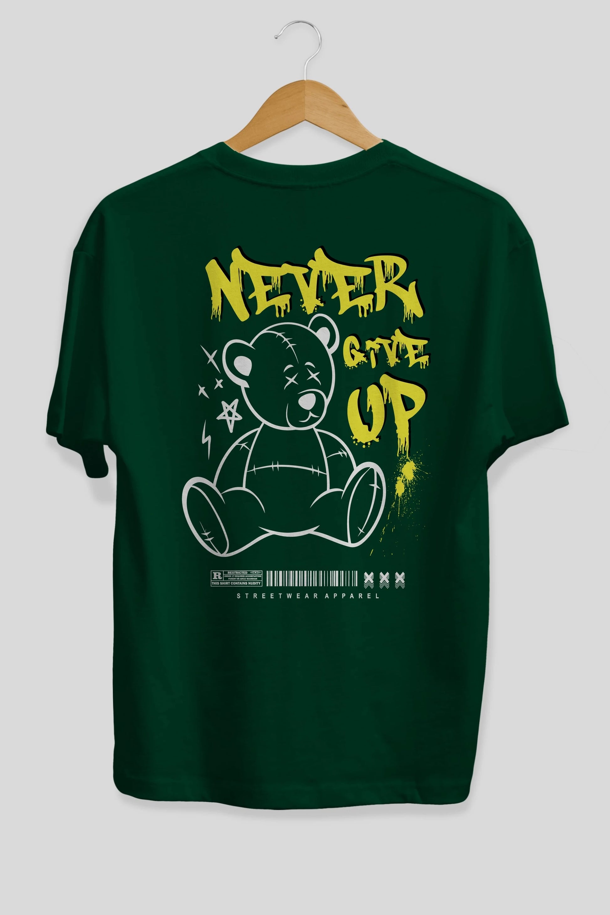 Teddy Bear Never Give Up Arka Baskılı Oversize t-shirt Erkek Kadın Unisex