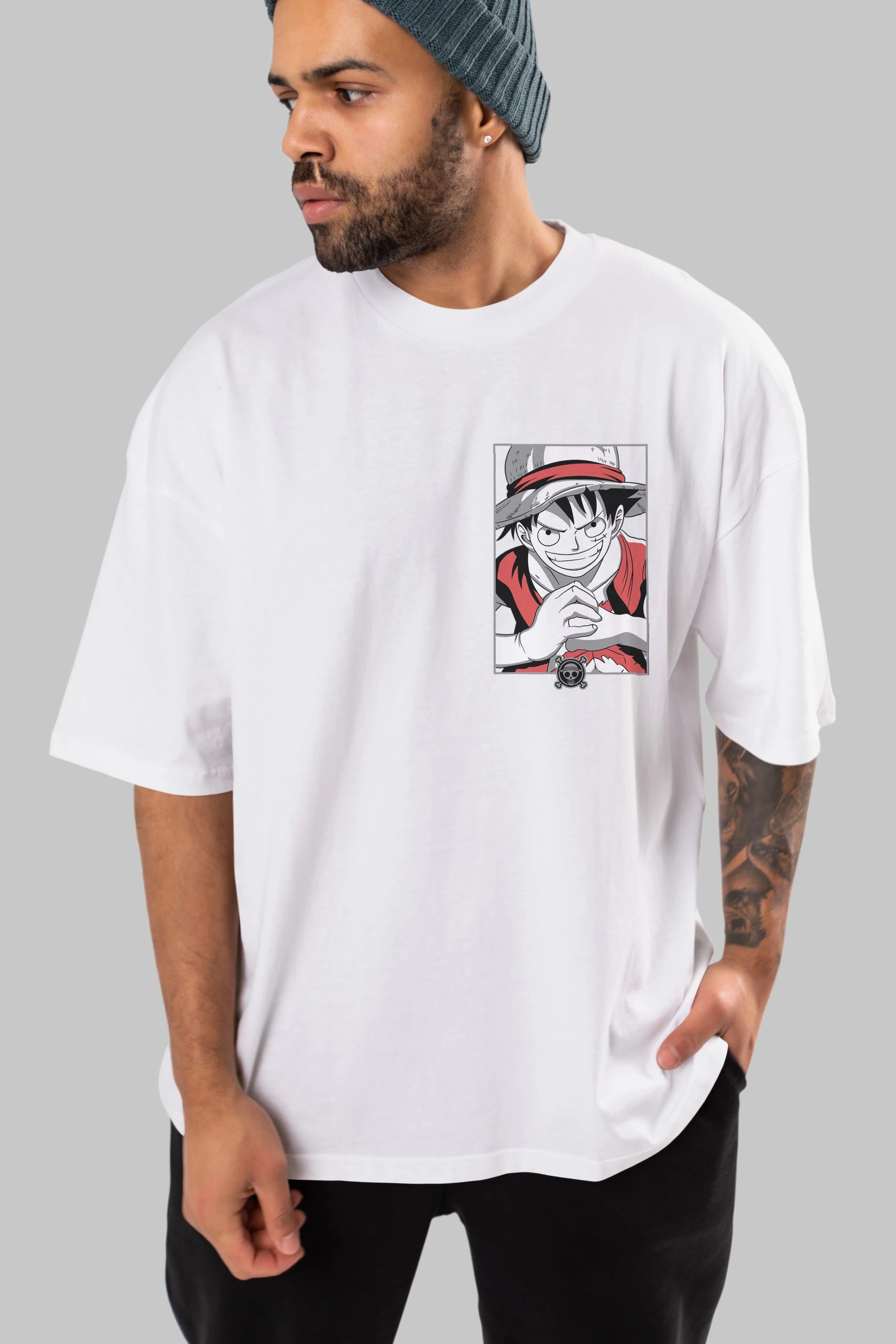 LUFF D. MONKEY OnePiece Ön Sol Baskılı Oversize t-shirt Erkek Kadın Unisex %100 Pamuk Bisiklet Yaka tişort