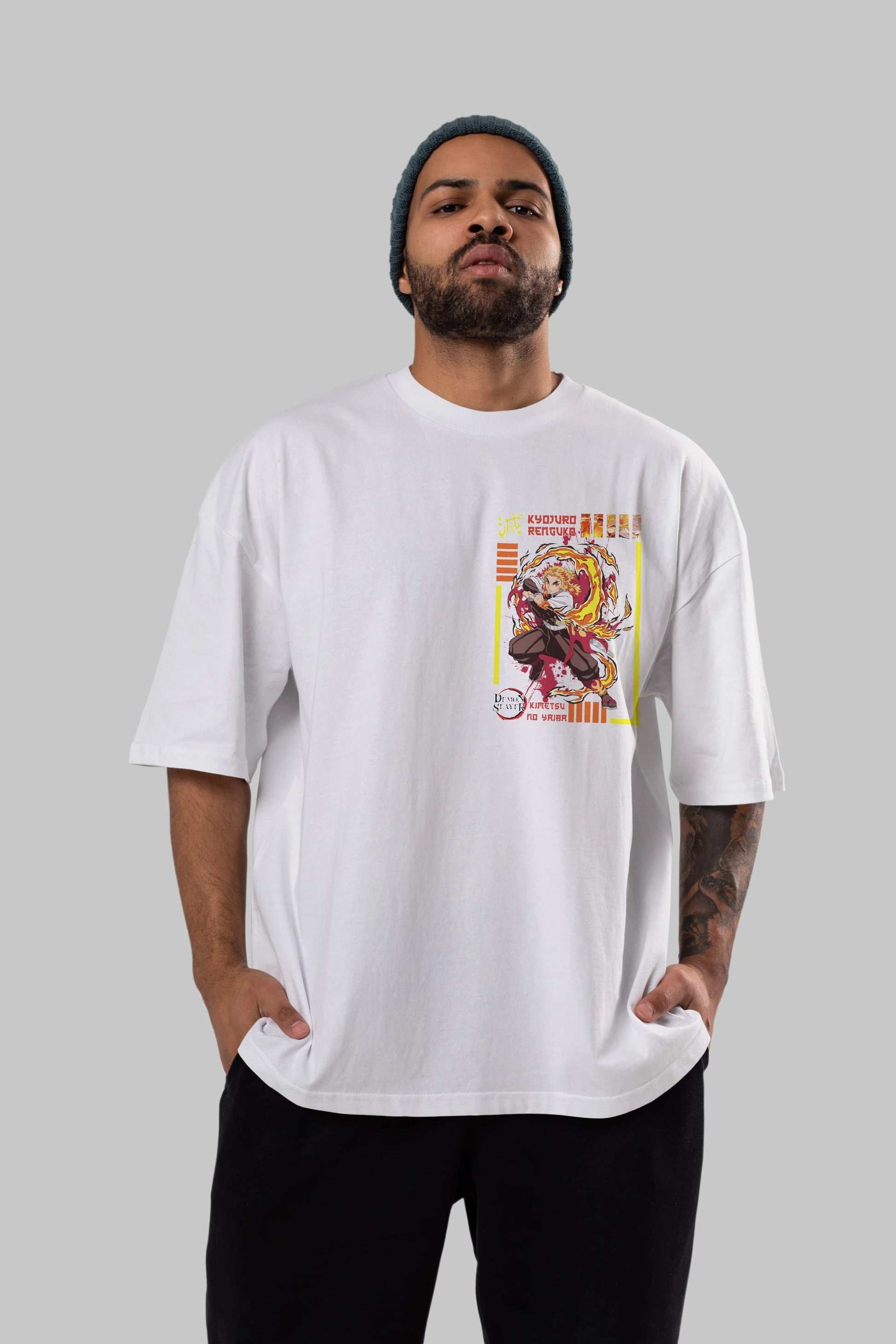 KYOJURO RENGOKU Ön Sol Baskılı Oversize t-shirt Erkek Kadın Unisex %100 Pamuk Bisiklet Yaka tişort
