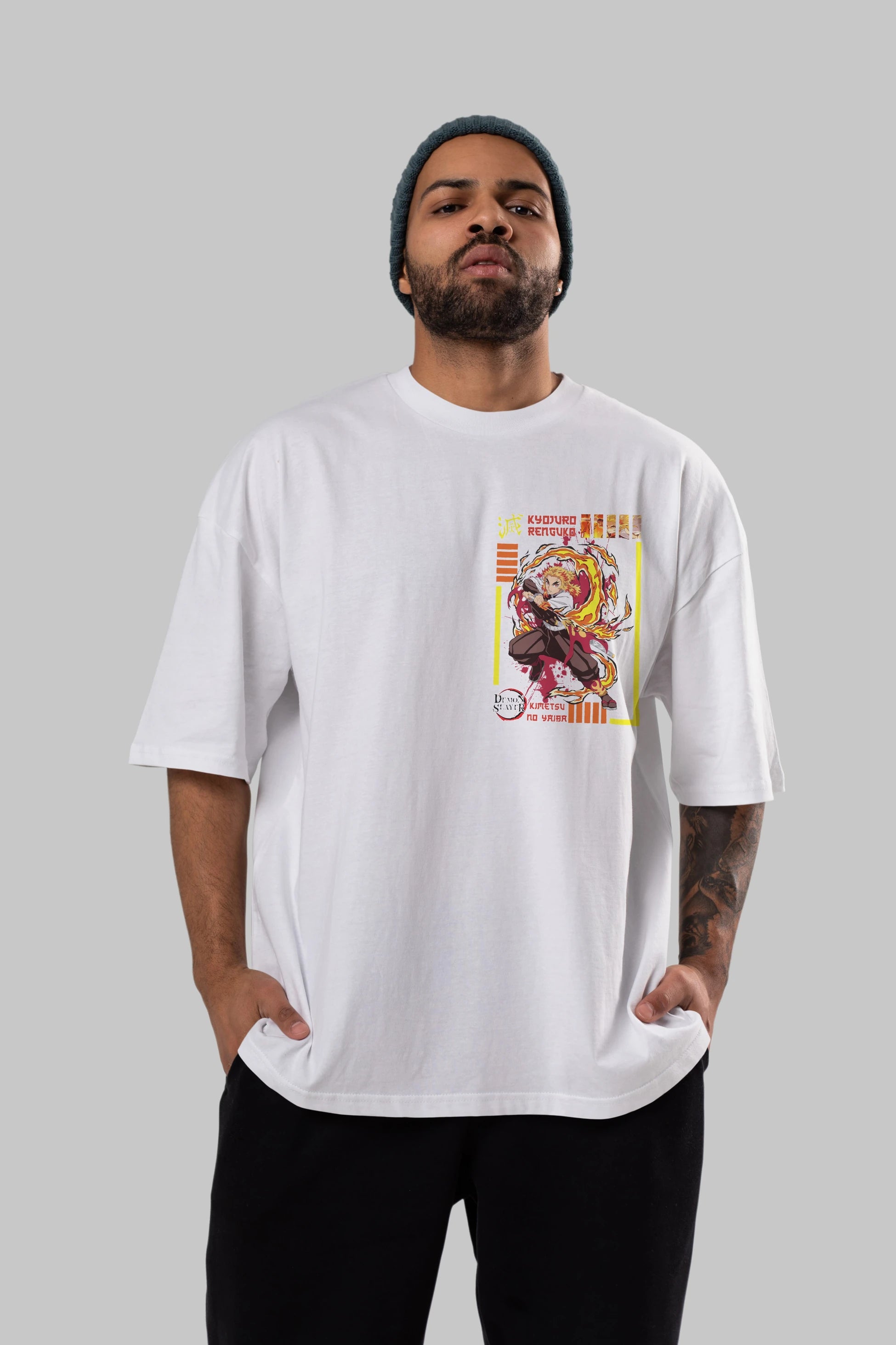 KYOJURO RENGOKU Ön Sol Baskılı Oversize t-shirt Erkek Kadın Unisex %100 Pamuk Bisiklet Yaka tişort