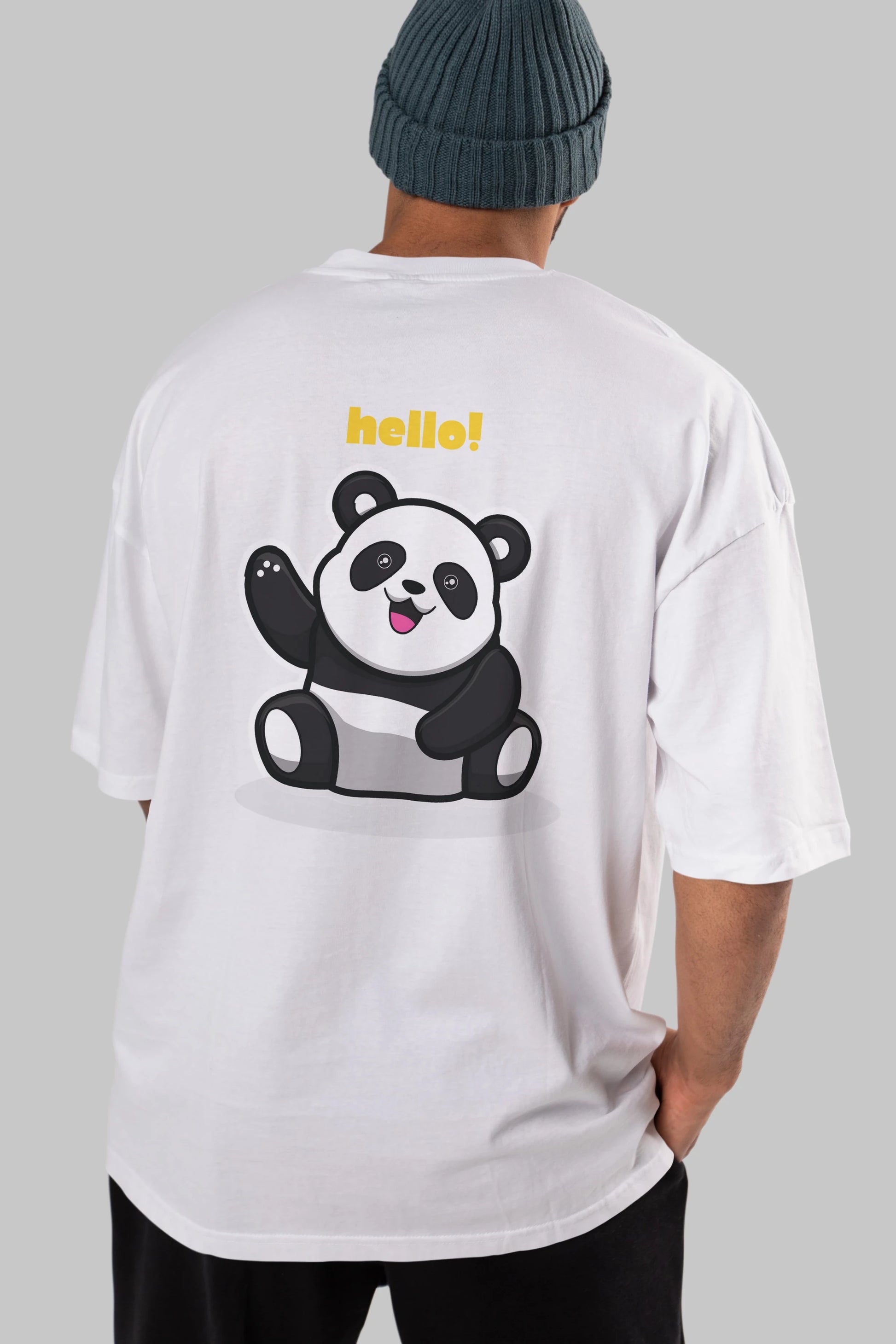 Hello Panda Arka Baskılı Oversize t-shirt Erkek Kadın Unisex