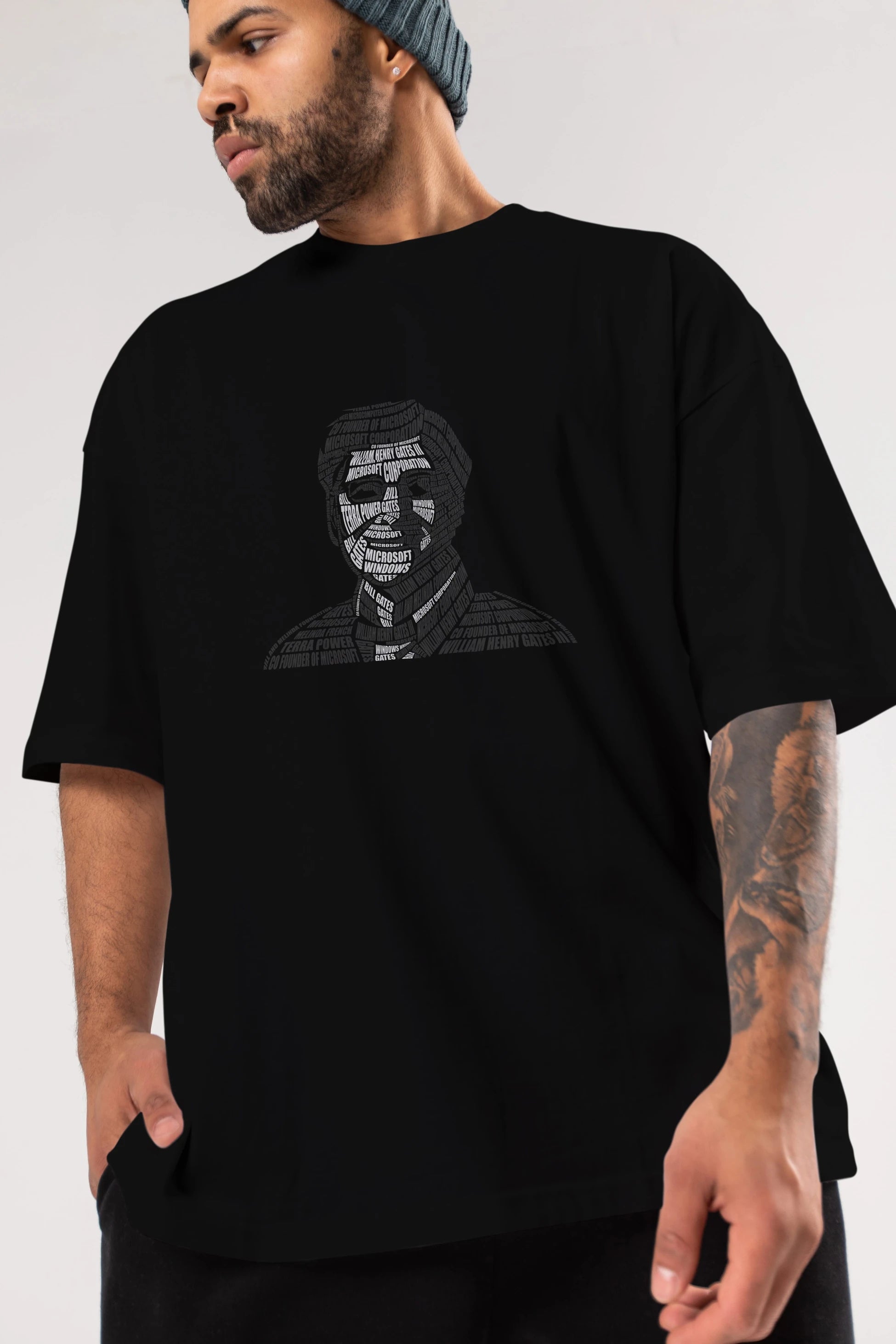 Bill Gates Calligram Ön Baskılı Oversize t-shirt %100 pamuk Erkek Kadın Unisex