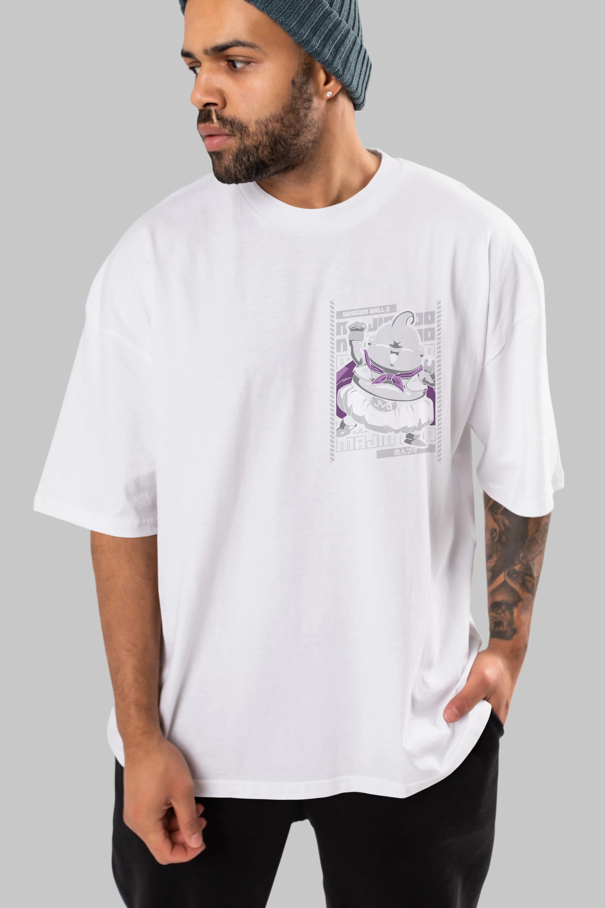 MAJIN BOO2 Ön Sol Baskılı Oversize t-shirt Erkek Kadın Unisex %100 Pamuk Bisiklet Yaka tişort